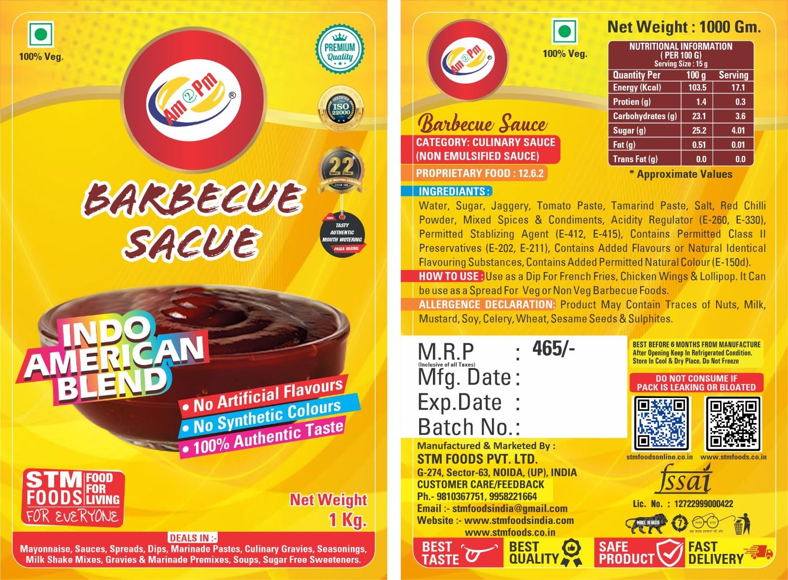 Am 2 Pm - Barbecue Sauce Dip For French Fries, Chicken Wings & Lollipop and Spread For Veg Or Non Veg - 1Kg – view 6