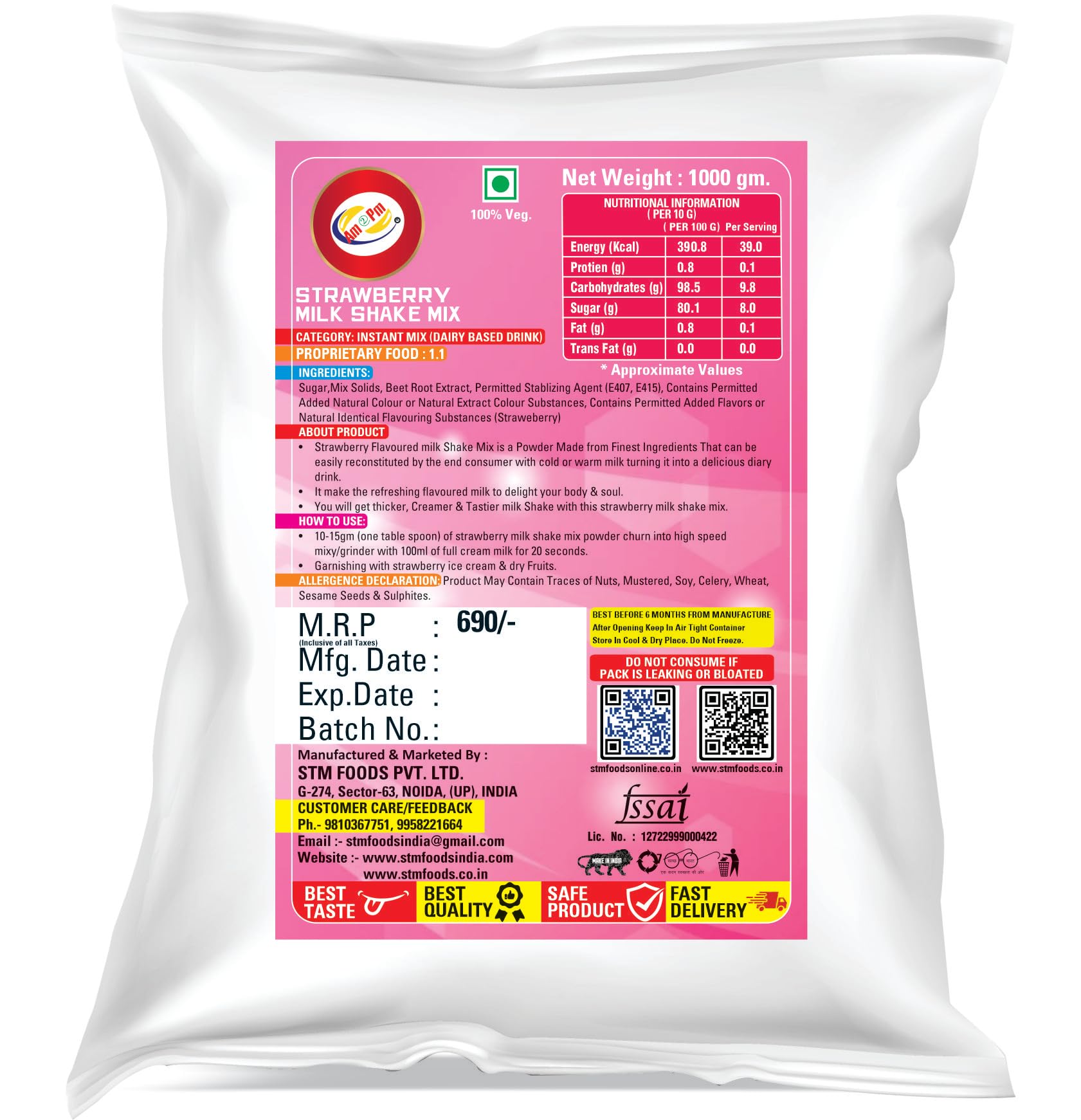 Am 2 Pm - Premium Silky Smoothy Milk Shake Mix, Flavoured Milk shake Premix Powder, Instant Premix Drink Milkshake Powder (Strawberry) – view 2