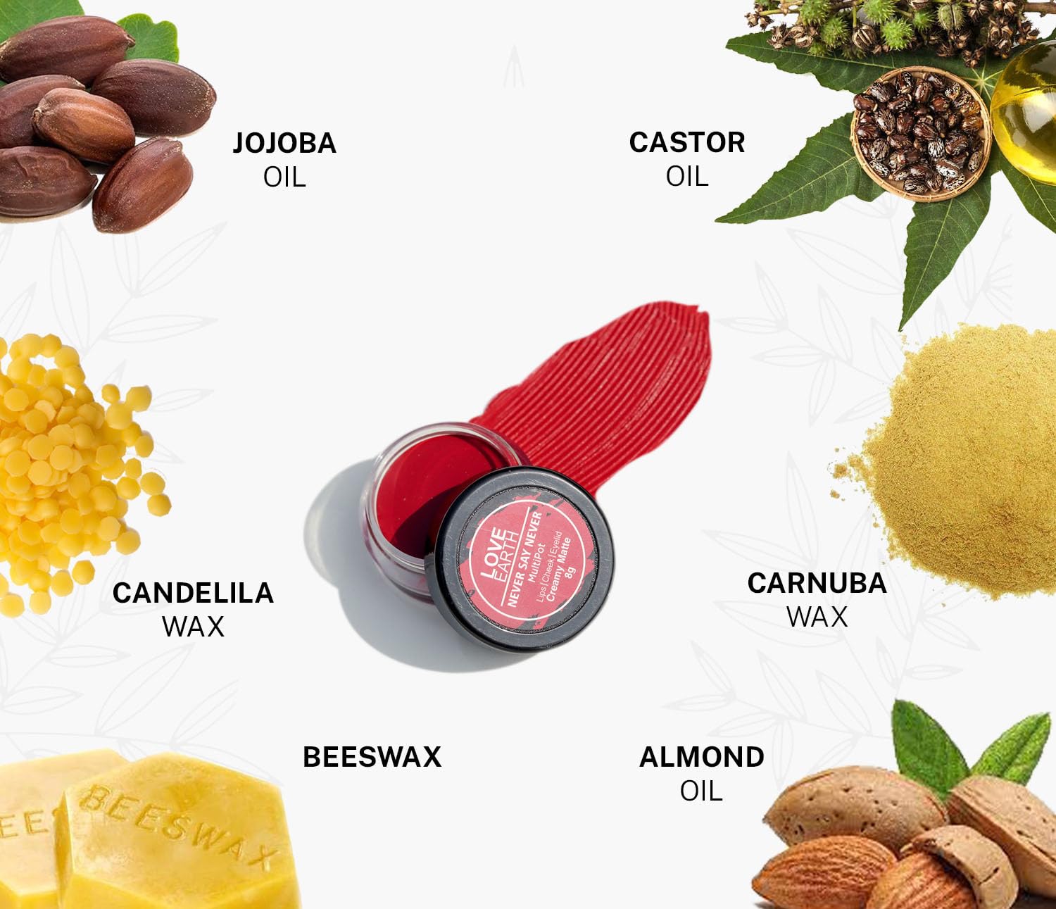 Love Earth Lip Tint & Cheek Tint Multipot - Never Say Never With Richness Of Essential Oils & Vitamin E For Lips, Eyelids And Cheeks, Creamy Matte - Bright Red – view 4