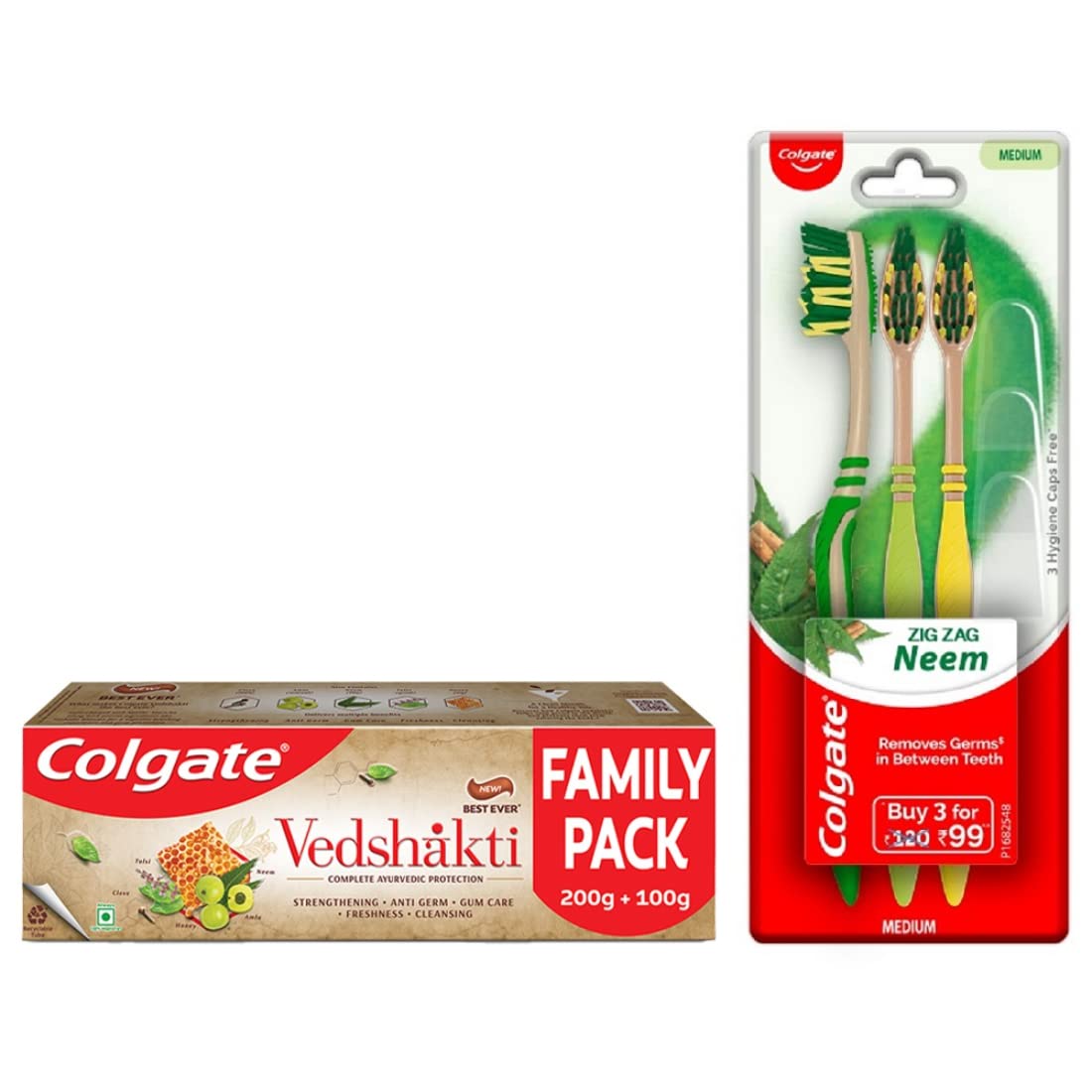 Colgate herbal toothpaste pack and ZigZag medium-bristle toothbrushes