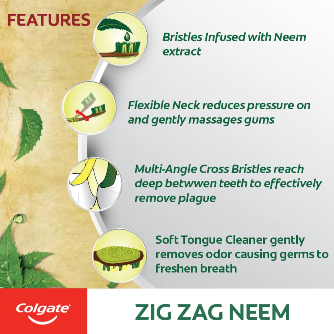 Colgate Swarna Vedshakti Toothpaste - 300 g with ZigZag Neem Medium Bristle Toothbrush - 4 Pieces – view 6