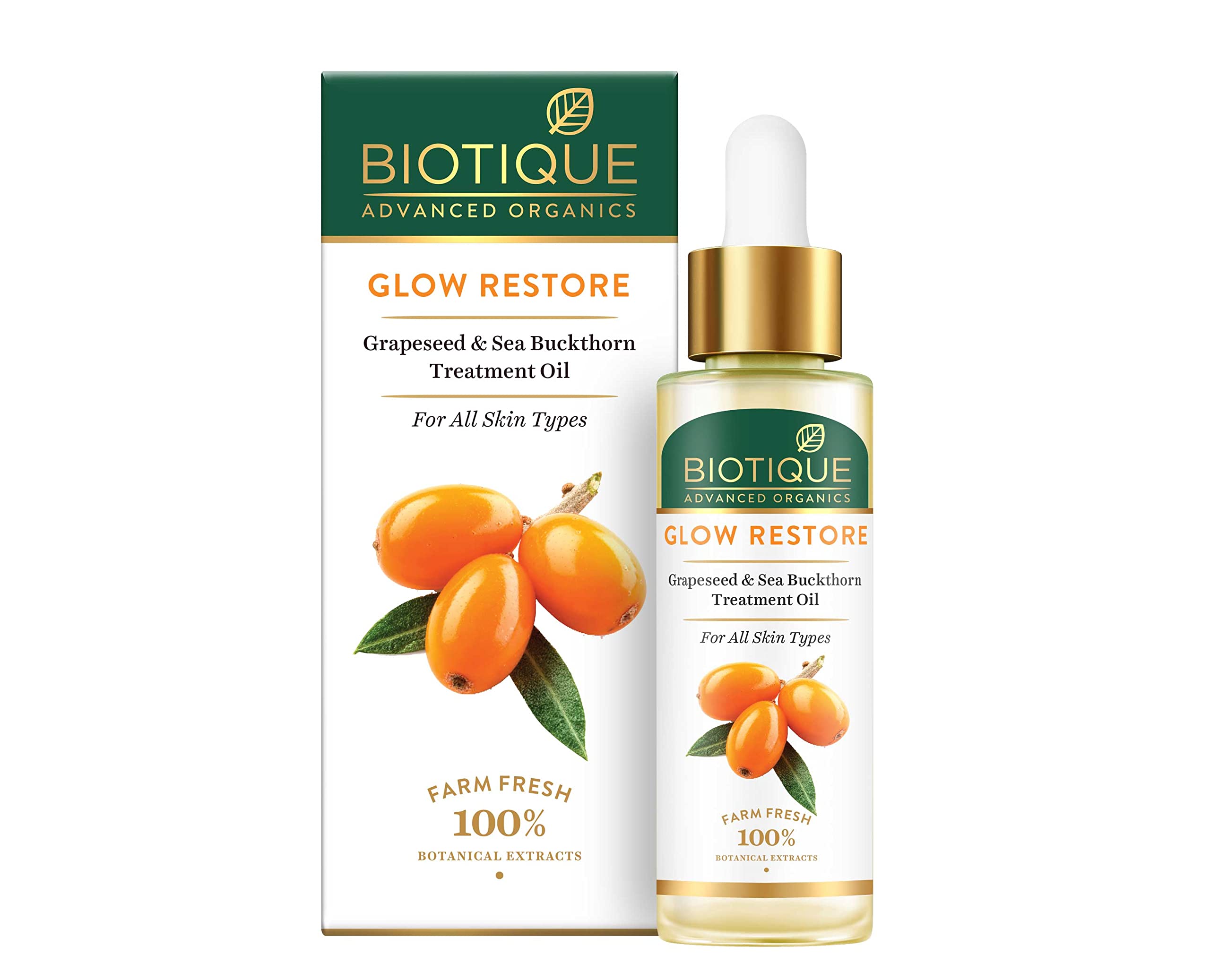 Biotique face oil bottle with grapeseed and sea buckthorn formula