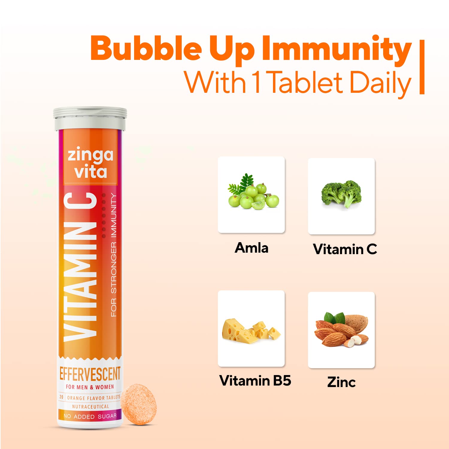 Zingavita Vitamin C 1000mg + Zinc Effervescent Tablets (20 Fizz Tab) Natural Amla Extract for Strong Immunity & Acne Free Skin, No Added Sugar, Orange Flavour, 1 Daily – view 4