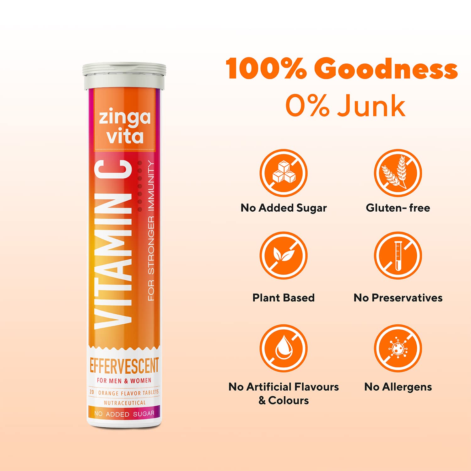 Zingavita Vitamin C 1000mg + Zinc Effervescent Tablets (20 Fizz Tab) Natural Amla Extract for Strong Immunity & Acne Free Skin, No Added Sugar, Orange Flavour, 1 Daily – view 6