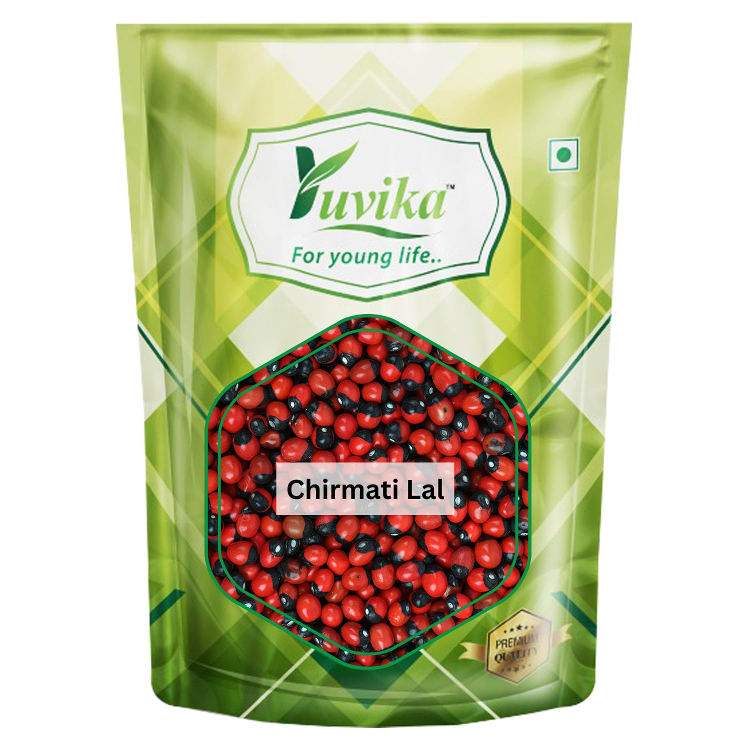 Front pack of Yuvika Chirmati Lal Jequerity seeds 100 grams