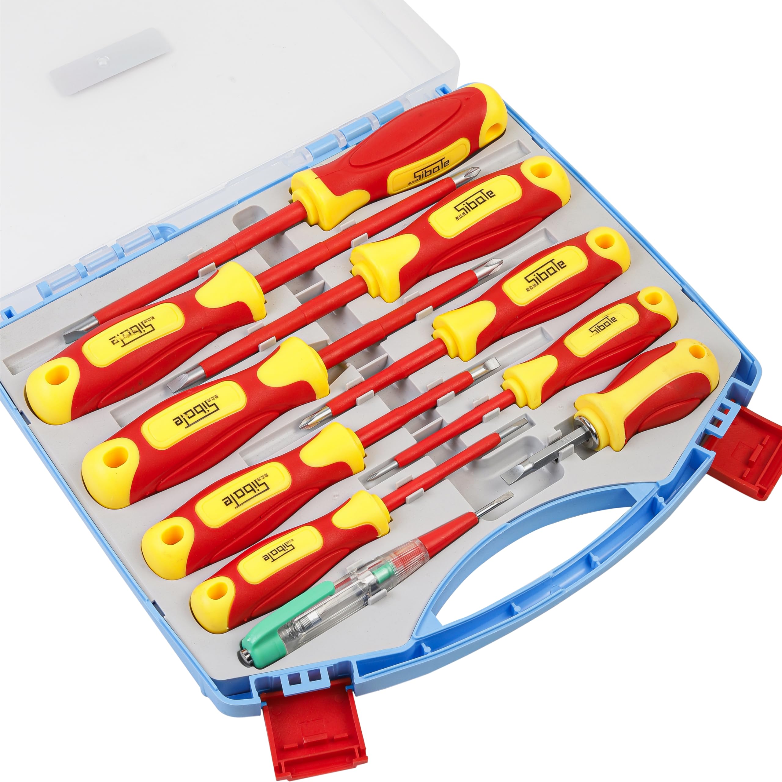 Red and yellow insulated screwdriver set with case and blades