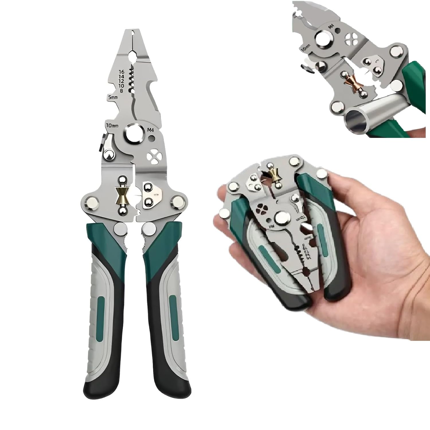 QXORE wire stripper crimping tool in green with textured grip