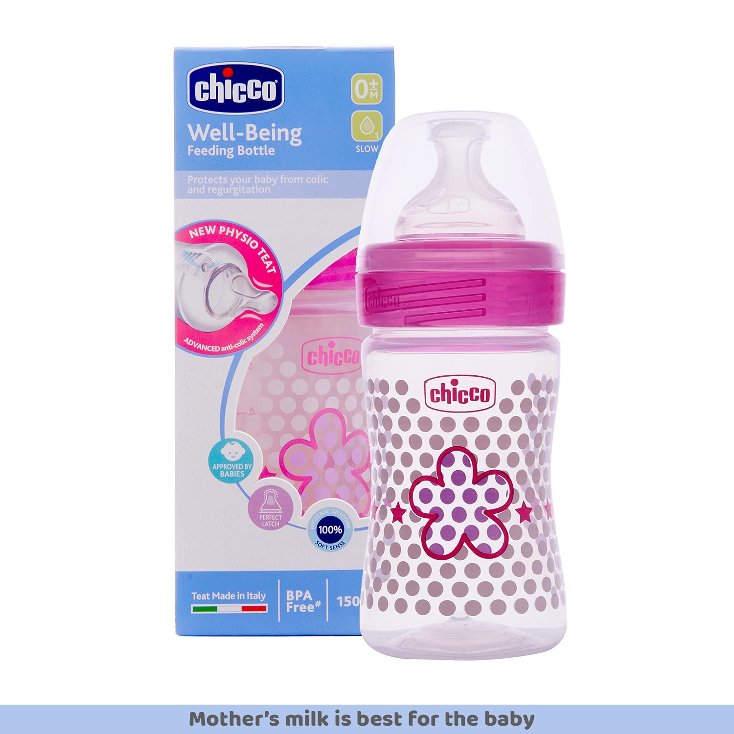 Chicco Well-Being 150 ml Feeding Plastic Bottle, Advanced Anti-Colic System, BPA Free, Hygienic Silicone Teat (Pink) – view 2