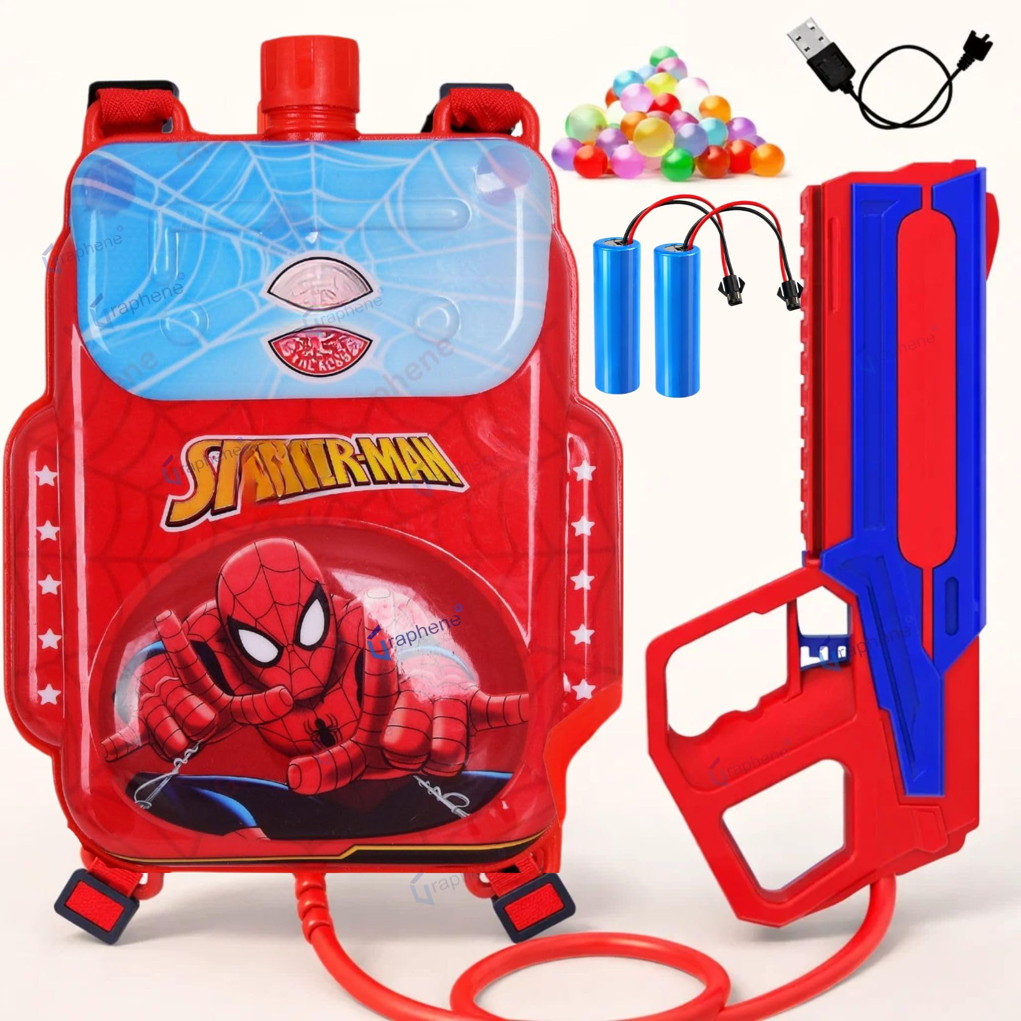 GRAPHENE 2L Electric Holi Pichkari for Kids Backpack Automatic Red Water Gun with Adjustable Straps 2 Rechargeable Batteries 100 Water Balloons 3+ Years Pistol for Kids Boys & Girls Summer Pool Party – view 1