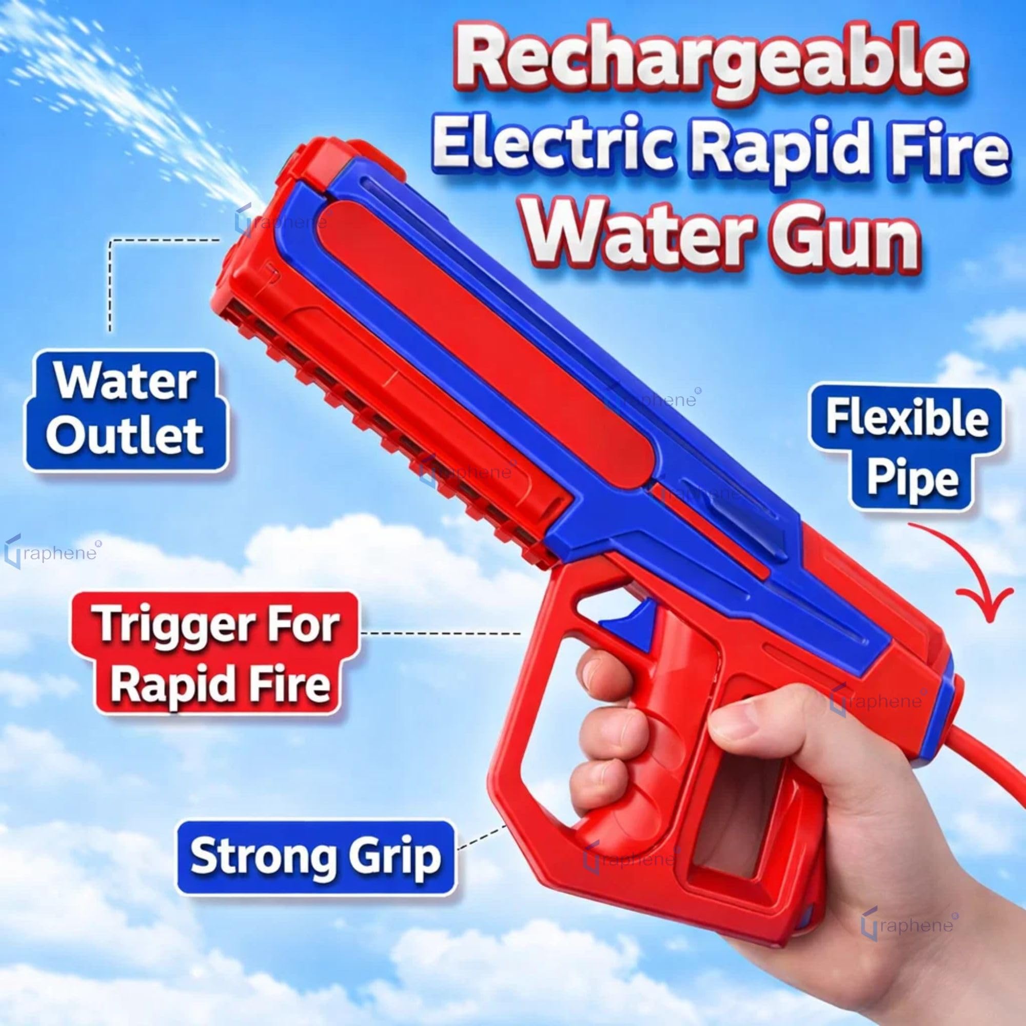 GRAPHENE 2L Electric Holi Pichkari for Kids Backpack Automatic Red Water Gun with Adjustable Straps 2 Rechargeable Batteries 100 Water Balloons 3+ Years Pistol for Kids Boys & Girls Summer Pool Party – view 2