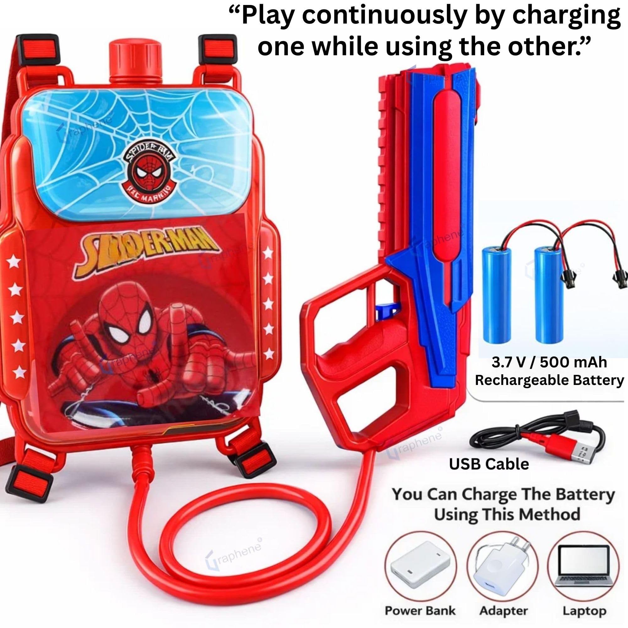 GRAPHENE 2L Electric Holi Pichkari for Kids Backpack Automatic Red Water Gun with Adjustable Straps 2 Rechargeable Batteries 100 Water Balloons 3+ Years Pistol for Kids Boys & Girls Summer Pool Party – view 3