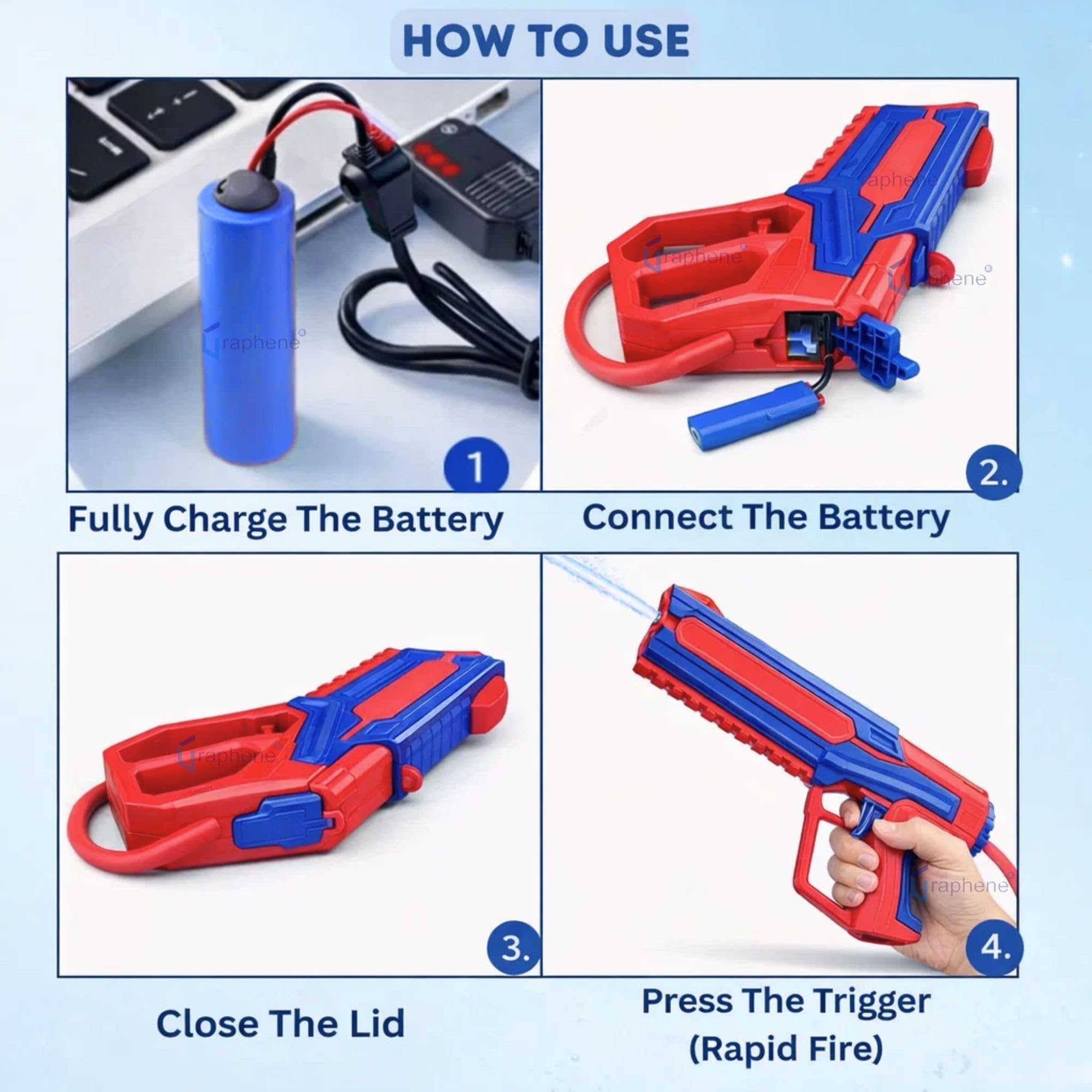 GRAPHENE 2L Electric Holi Pichkari for Kids Backpack Automatic Red Water Gun with Adjustable Straps 2 Rechargeable Batteries 100 Water Balloons 3+ Years Pistol for Kids Boys & Girls Summer Pool Party – view 4