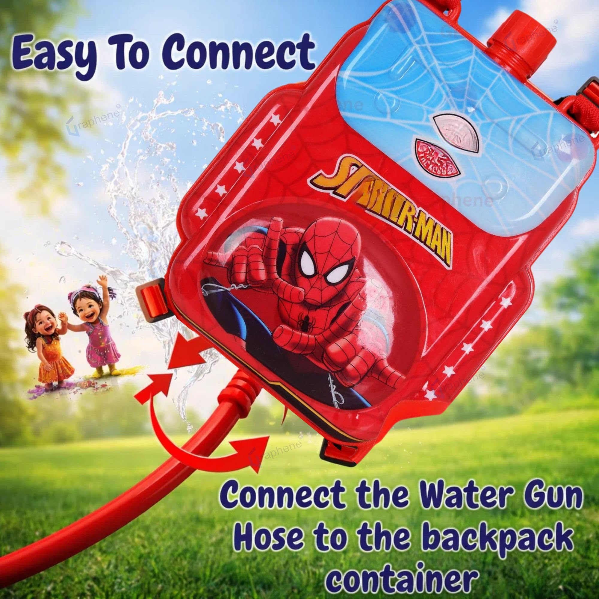 GRAPHENE 2L Electric Holi Pichkari for Kids Backpack Automatic Red Water Gun with Adjustable Straps 2 Rechargeable Batteries 100 Water Balloons 3+ Years Pistol for Kids Boys & Girls Summer Pool Party – view 5