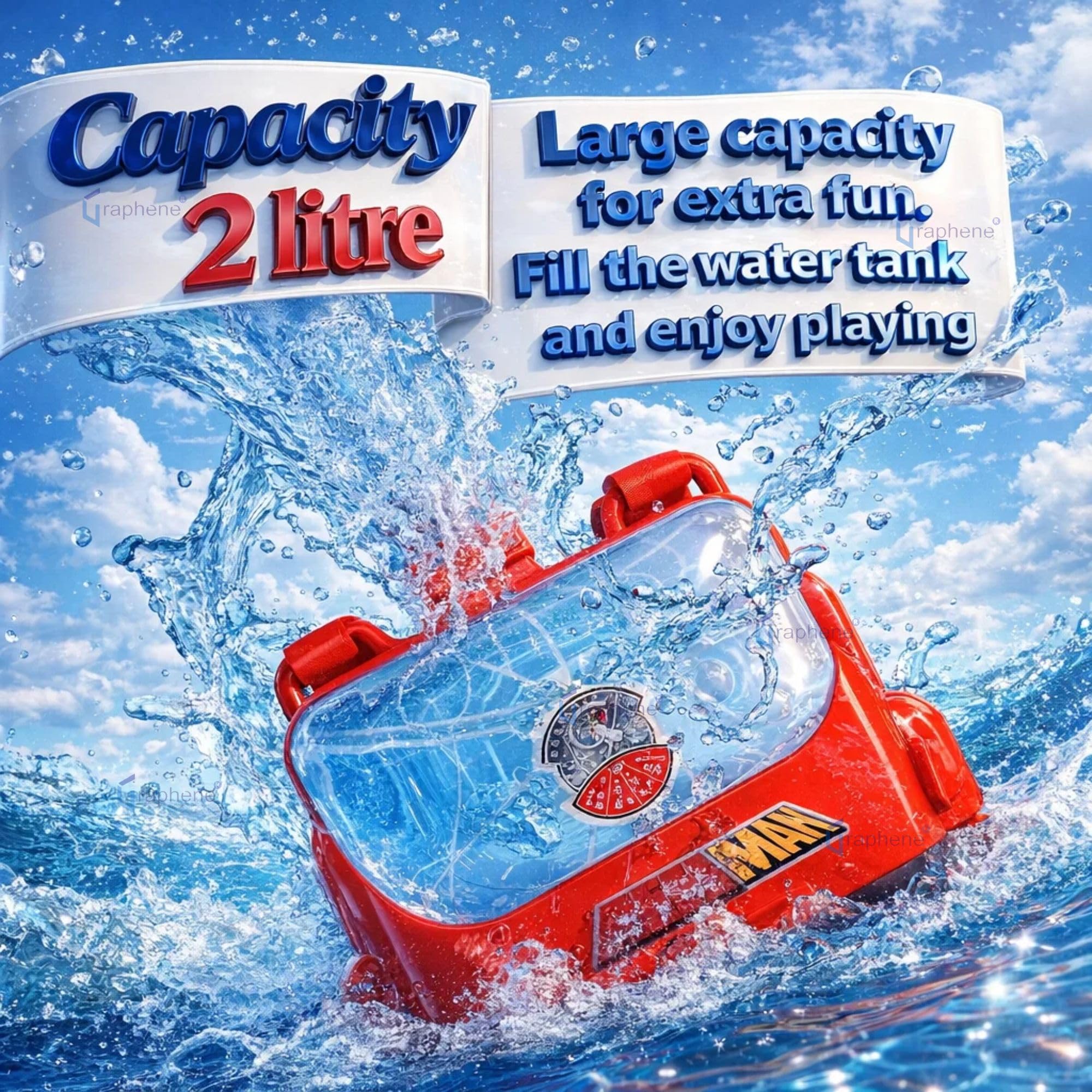 GRAPHENE 2L Electric Holi Pichkari for Kids Backpack Automatic Red Water Gun with Adjustable Straps 2 Rechargeable Batteries 100 Water Balloons 3+ Years Pistol for Kids Boys & Girls Summer Pool Party – view 7