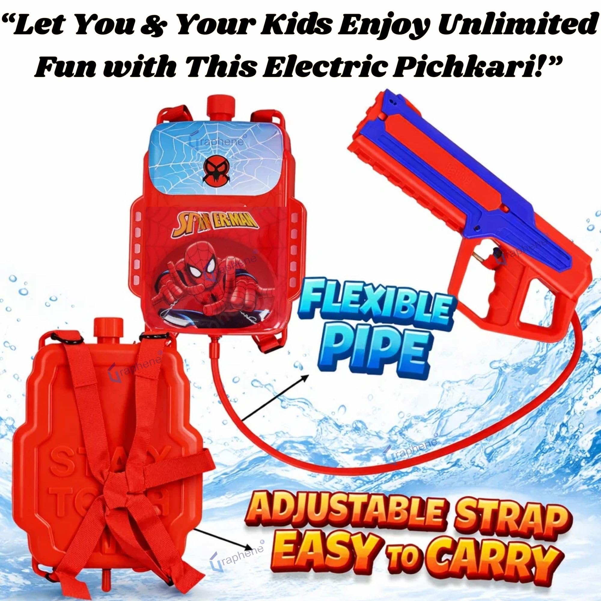 GRAPHENE 2L Electric Holi Pichkari for Kids Backpack Automatic Red Water Gun with Adjustable Straps 2 Rechargeable Batteries 100 Water Balloons 3+ Years Pistol for Kids Boys & Girls Summer Pool Party – view 8