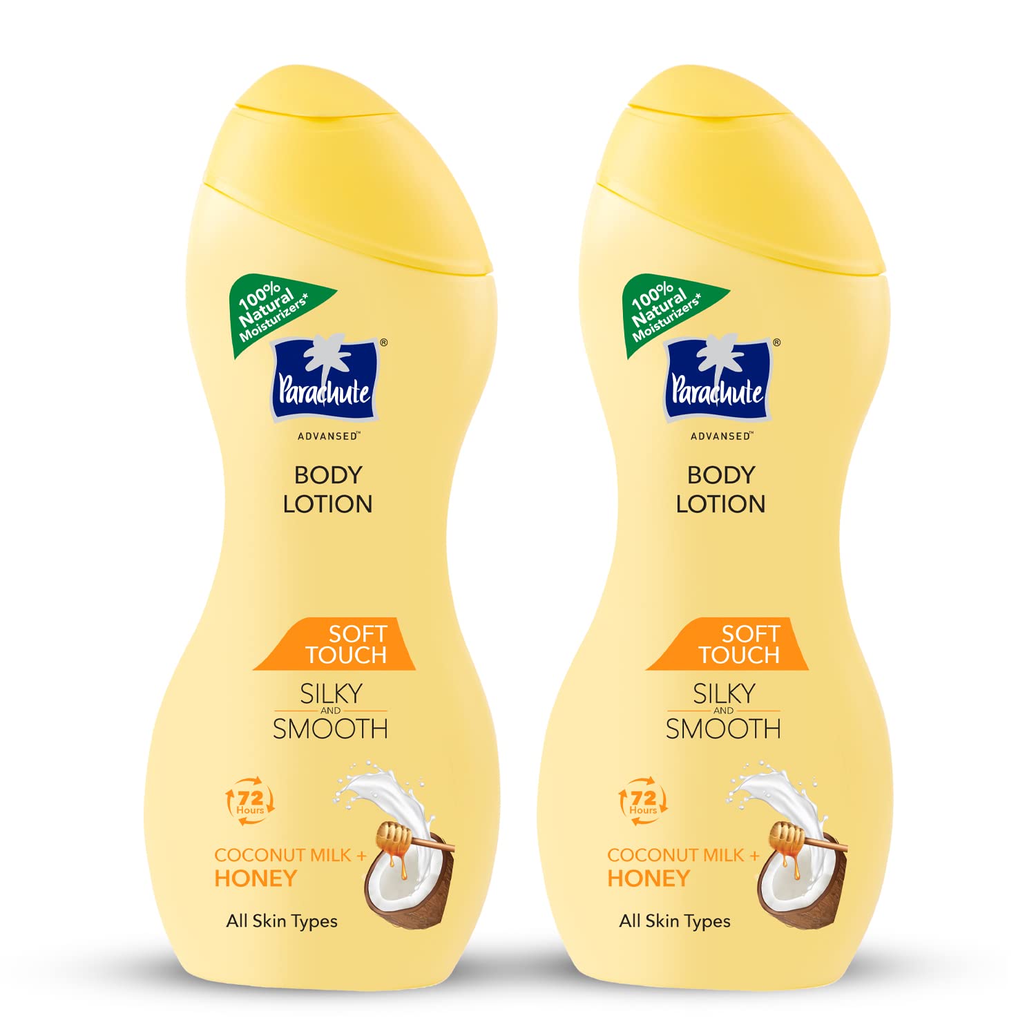 Two 250 ml Parachute Soft Touch lotion bottles with honey