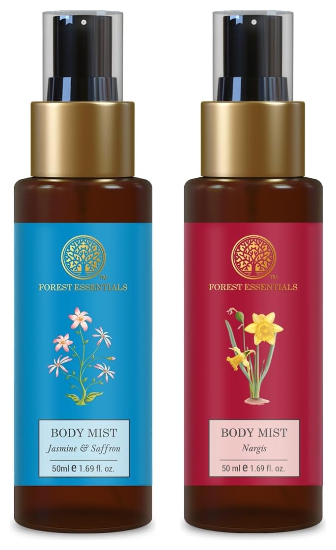 Travel size Forest Essentials Jasmine Saffron and Nargis body mist duo