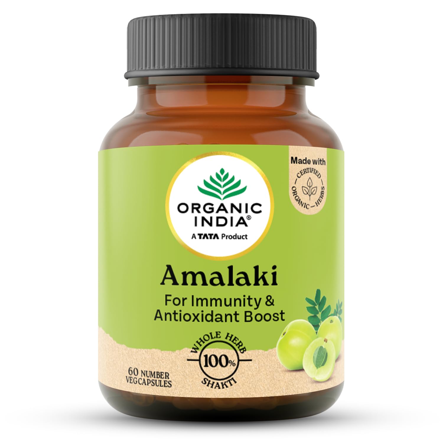 Organic India Amalaki bottle with 60 vegetarian capsules shown upright