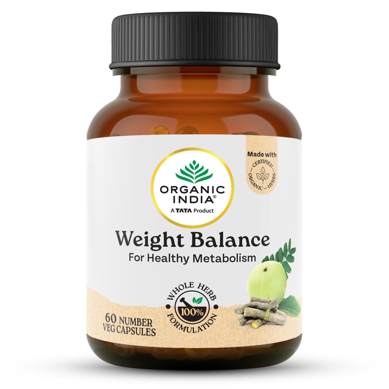 Bottle of Organic India Weight Balance vegetarian capsules