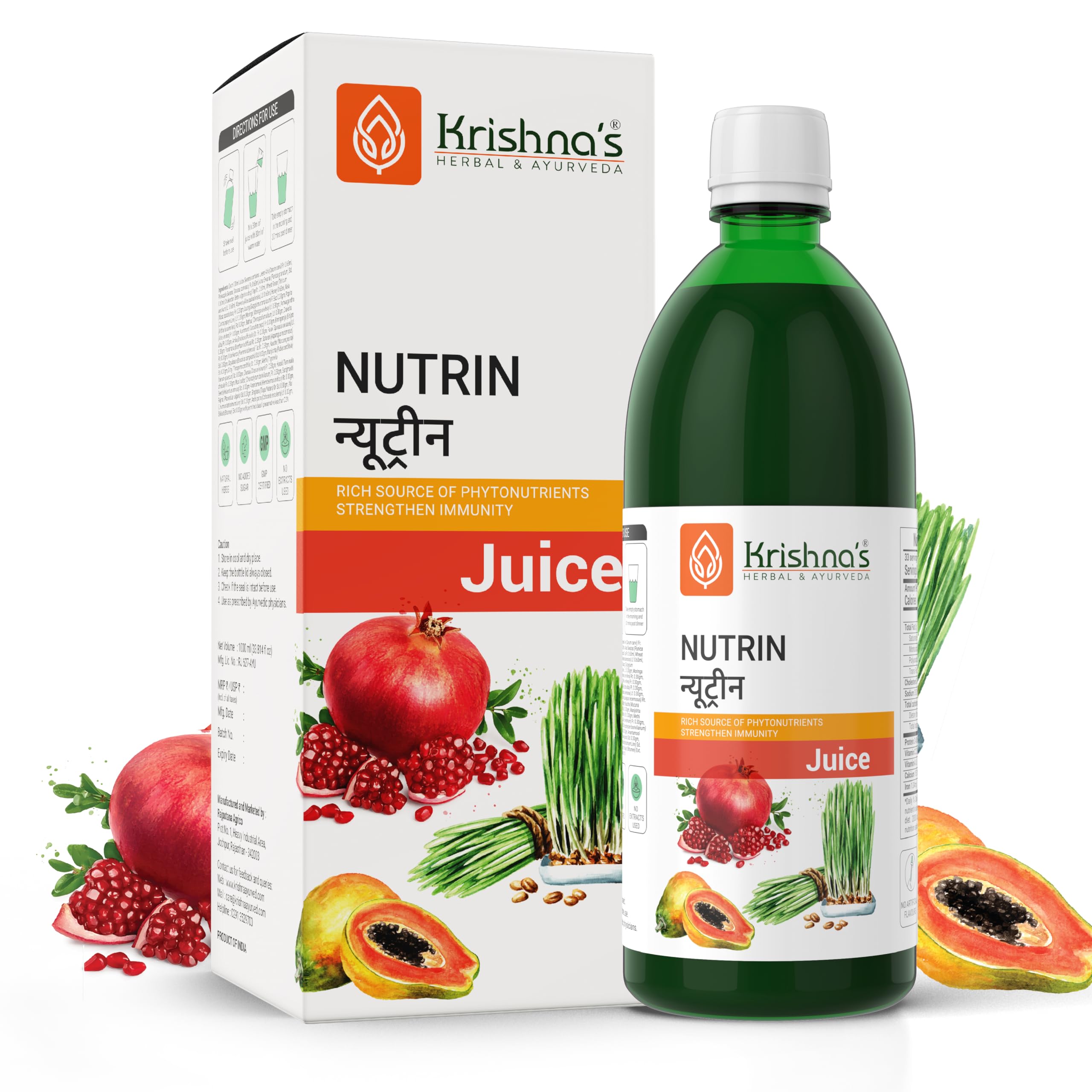 Front bottle pack of Krishna's Nutrin Juice 1000 ml