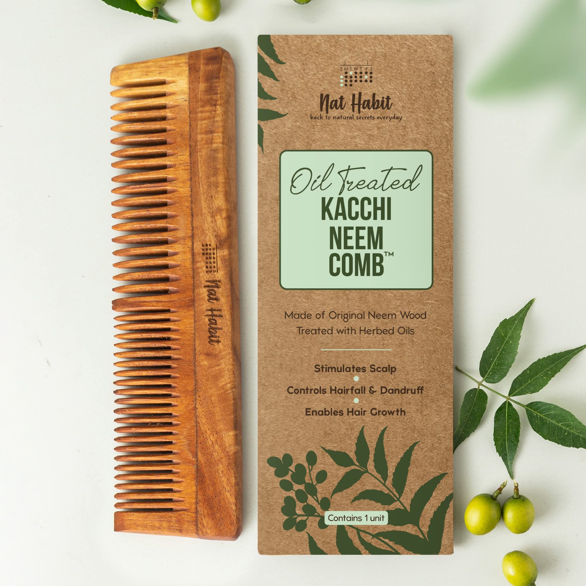 Nat Habit Kacchi Neem Wooden Comb, Soaked In 17 Herbs Neem & Sesame Oil For Multi-Actions - Detangling, Frizz Control & Shine,Suited For All Hair Types (Dual Tooth) – view 2