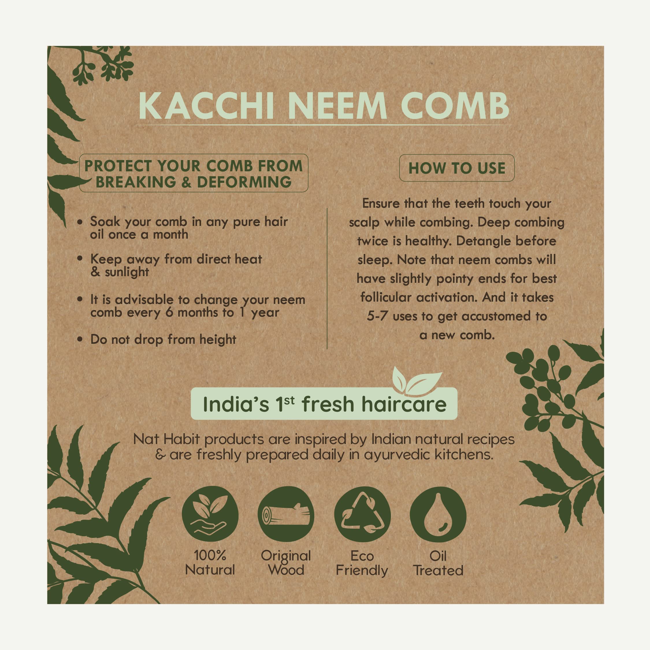 Nat Habit Kacchi Neem Wooden Comb, Soaked In 17 Herbs Neem & Sesame Oil For Multi-Actions - Detangling, Frizz Control & Shine,Suited For All Hair Types (Dual Tooth) – view 7