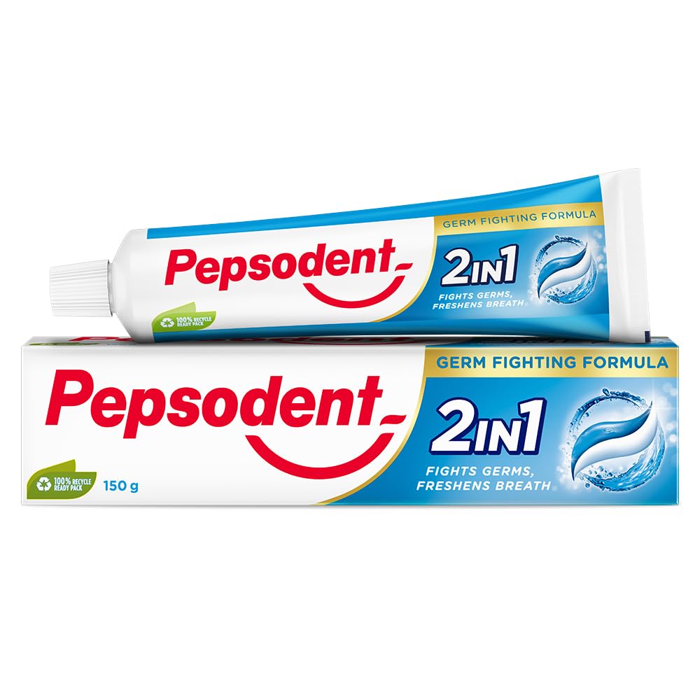 Pepsodent toothpaste tube showing 2-in-1 paste and gel formula