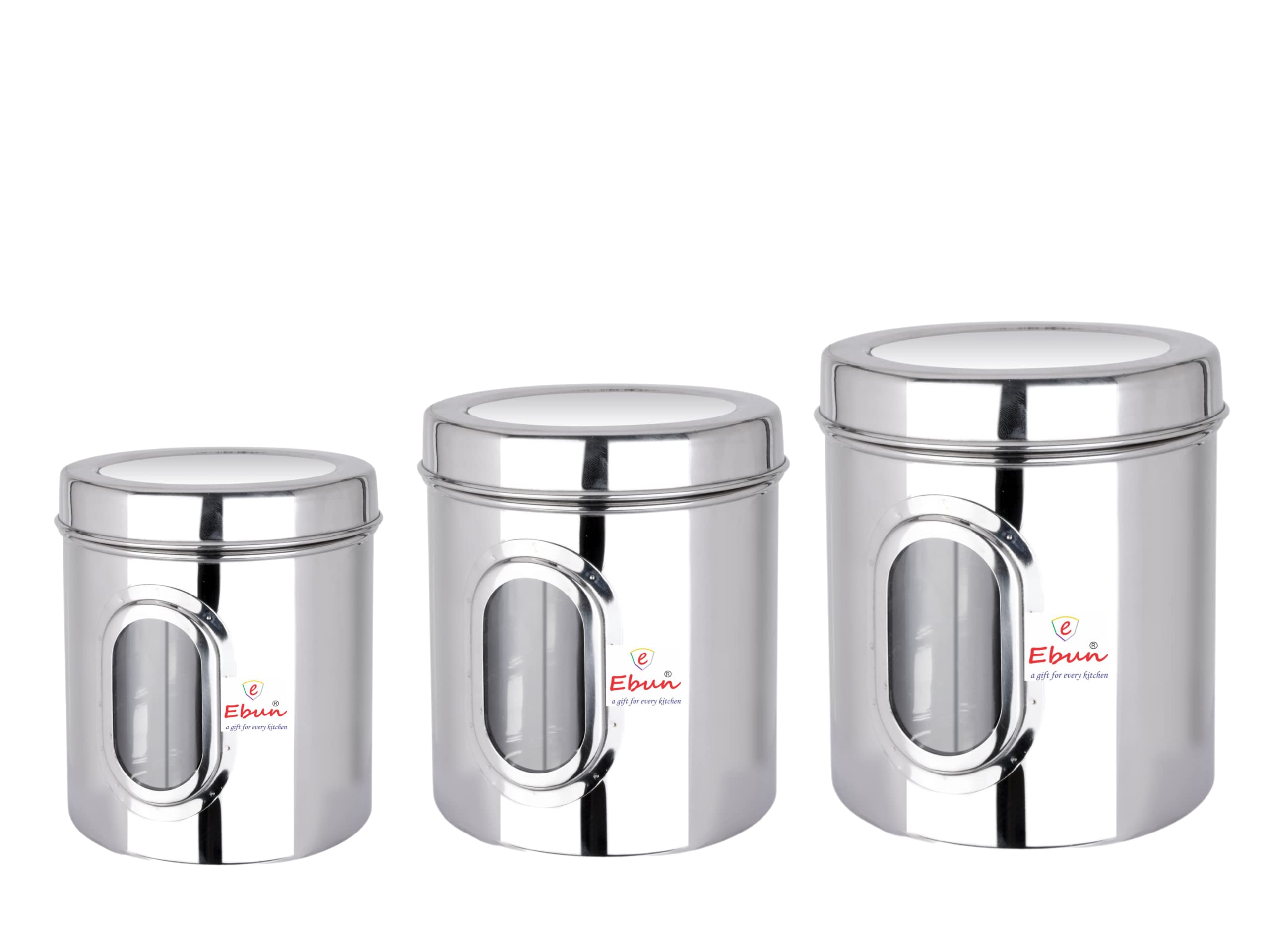 Ebun Stainless Steel See Through Transparent Containers | Jar for Kitchen Storage with See through Window | Mirror Finish | Set of 3 Pcs Combo of 3 Kgs, 4 Kgs and 5 Kgs Capacity