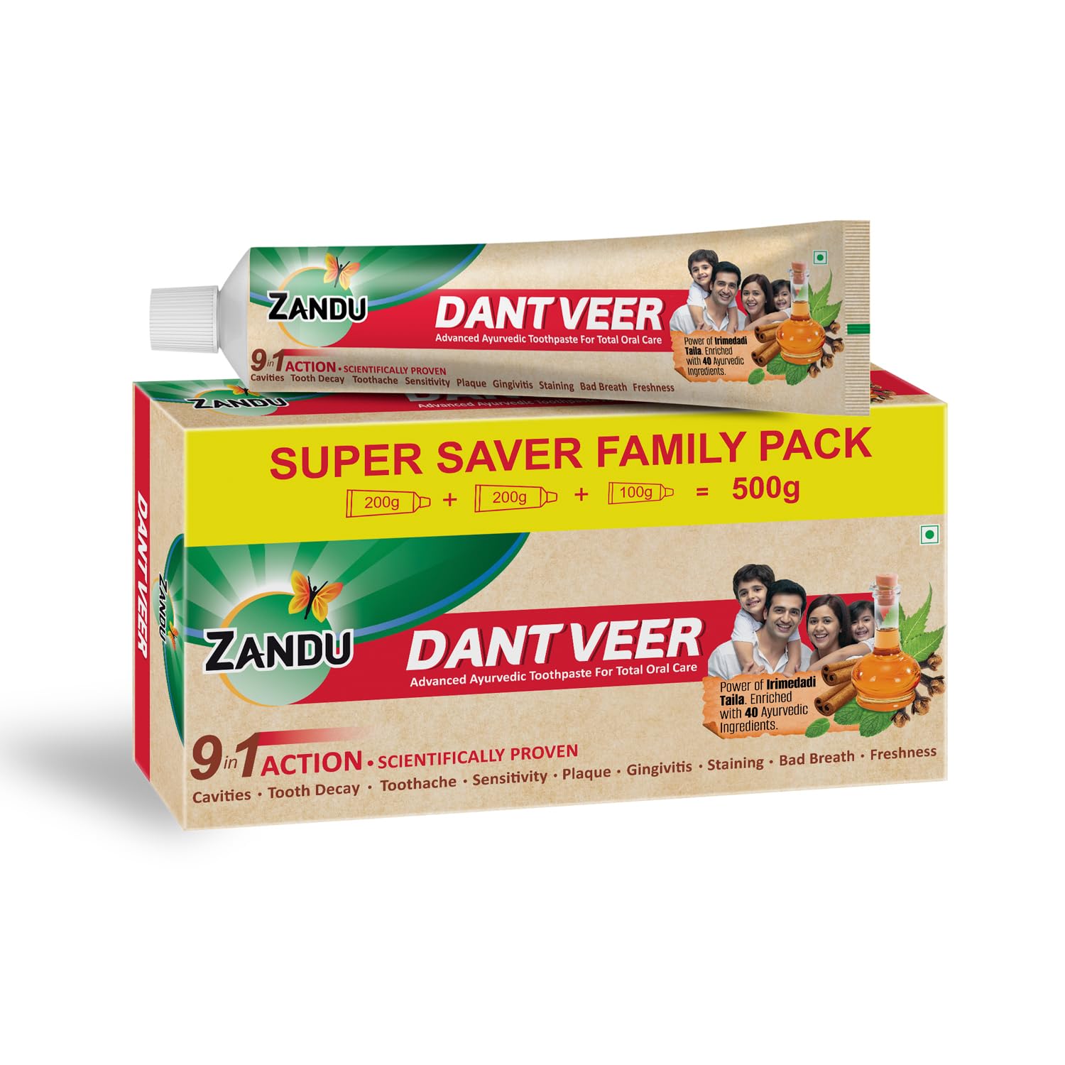 Zandu Dantveer neem Ayurvedic toothpaste tube pack, 500g size