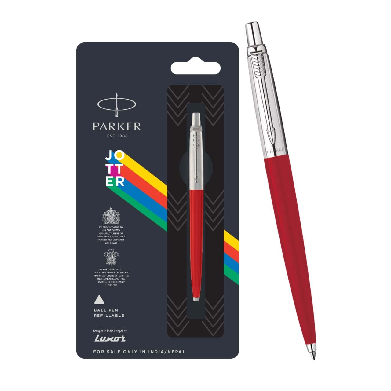 Red Parker Jotter ball pen with metal body and chrome trim