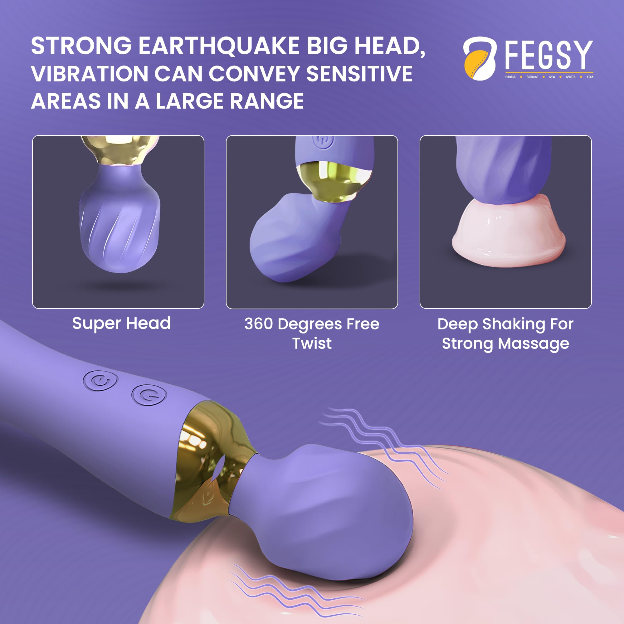 FEGSY Dual Heads Massager Machine for Pain Relief, Rechargeable Wireless Body Massager with Medical Grade Silicone (Purple) – view 3