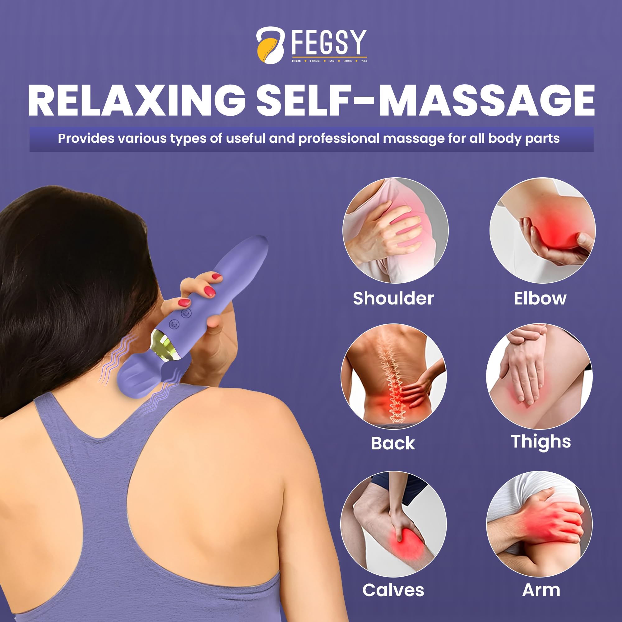 FEGSY Dual Heads Massager Machine for Pain Relief, Rechargeable Wireless Body Massager with Medical Grade Silicone (Purple) – view 5