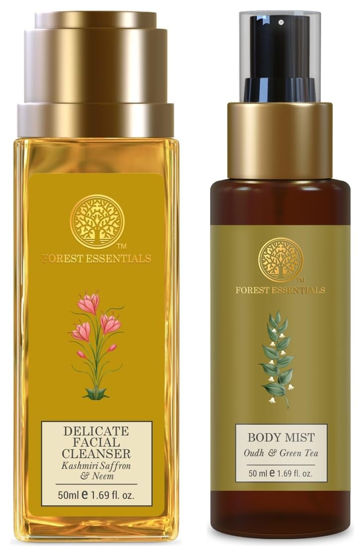 Forest Essentials Travel Size Body Mist Oudh & Green Tea| 50 ml & Travel Size Delicate Facial Cleanser Kashmiri Saffron & Neem| 50 ml Combo