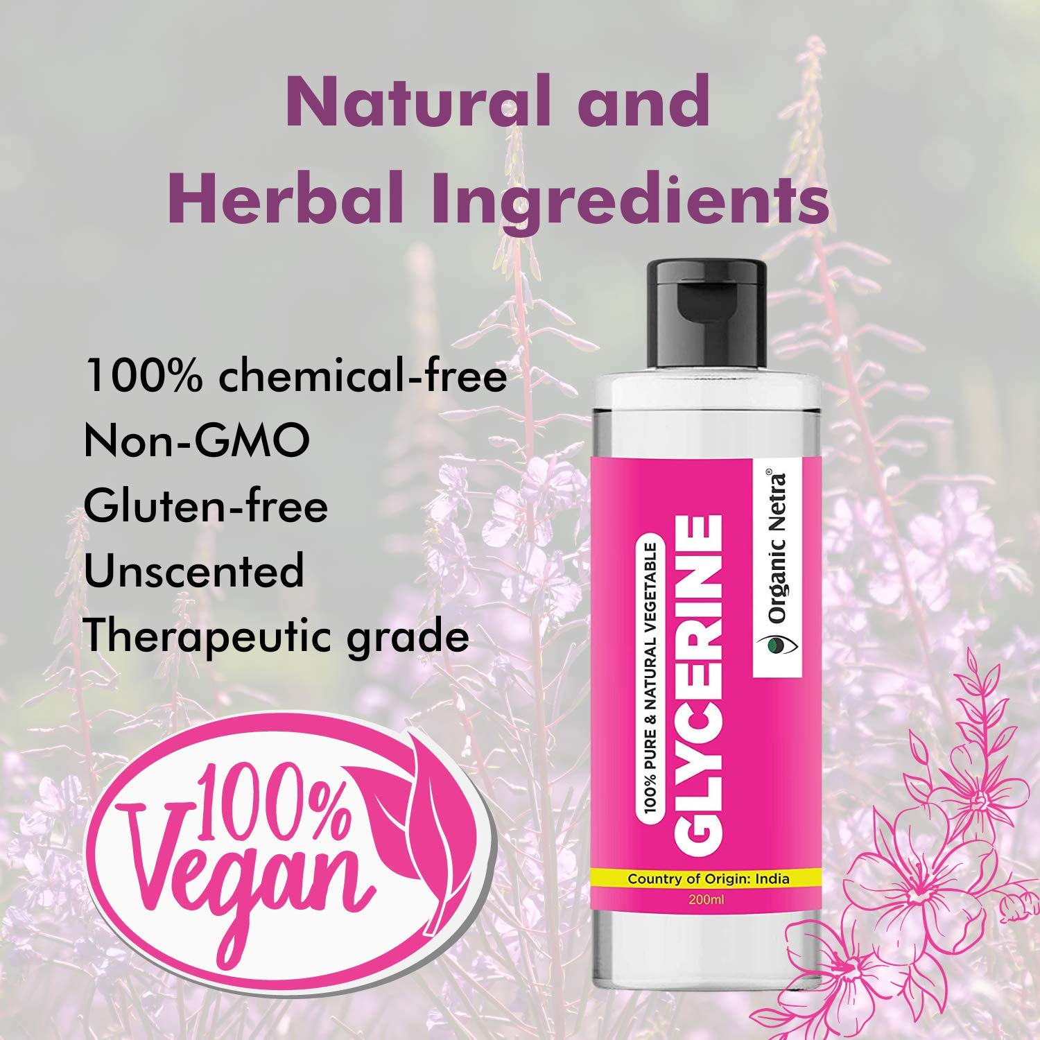 Organic Netra 100% Pure Vegetable Glycerine — All-Natural, Chemical-Free Liquid Glycerine for Men and Women - Perfect Hair and Skin Moisturizer - Non-GMO, Gluten-Free, Therapeutic Grade 200ml – view 2