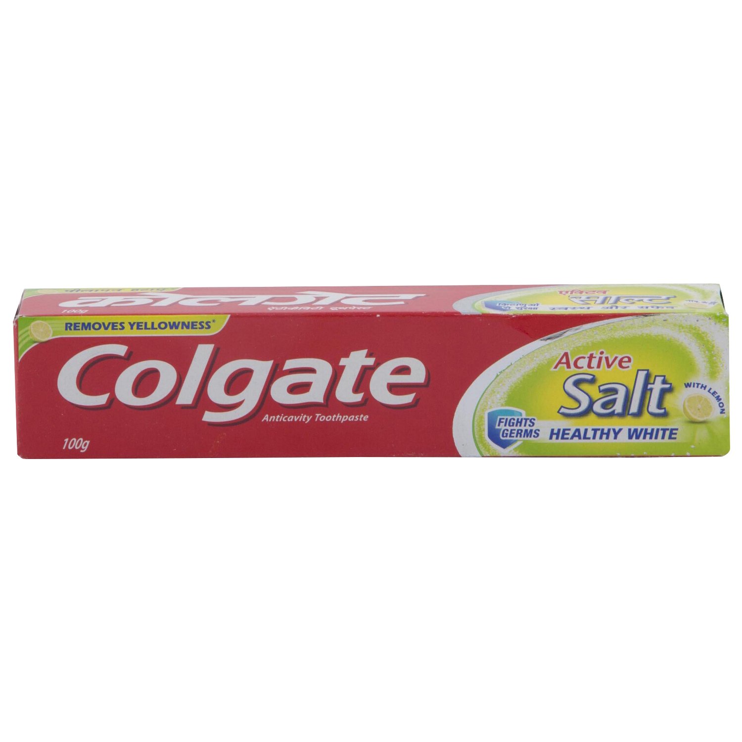 Front view of Colgate Active Salt lemon toothpaste 100 g tube