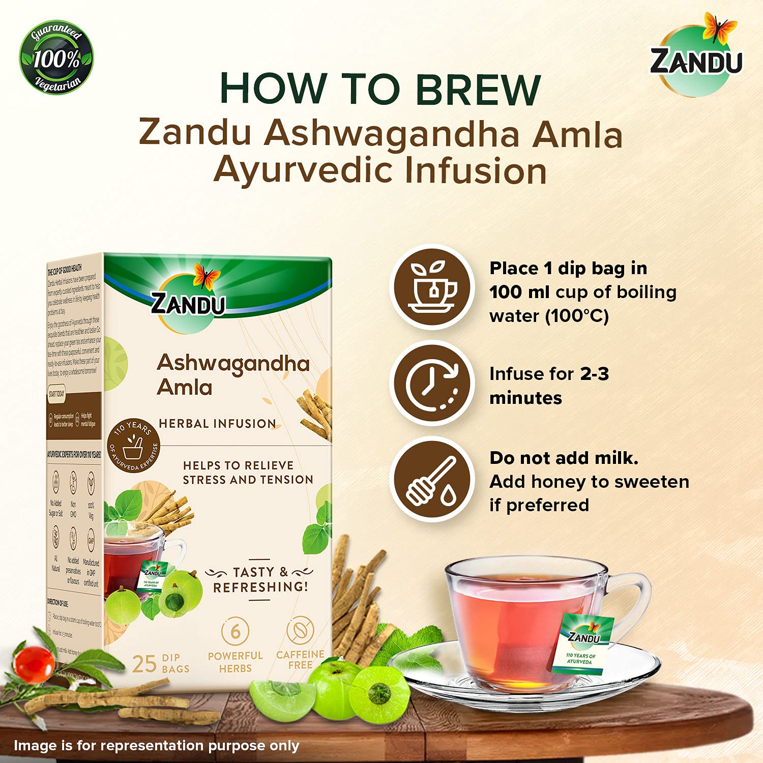 Zandu Ashwagandha Amla Ayurvedic Infusion, A Herbal Tea Enriched With 6 Ayurvedic Ingredients (Pack Of 25 Tea Bags X 2) - 0.19 Kg – view 5