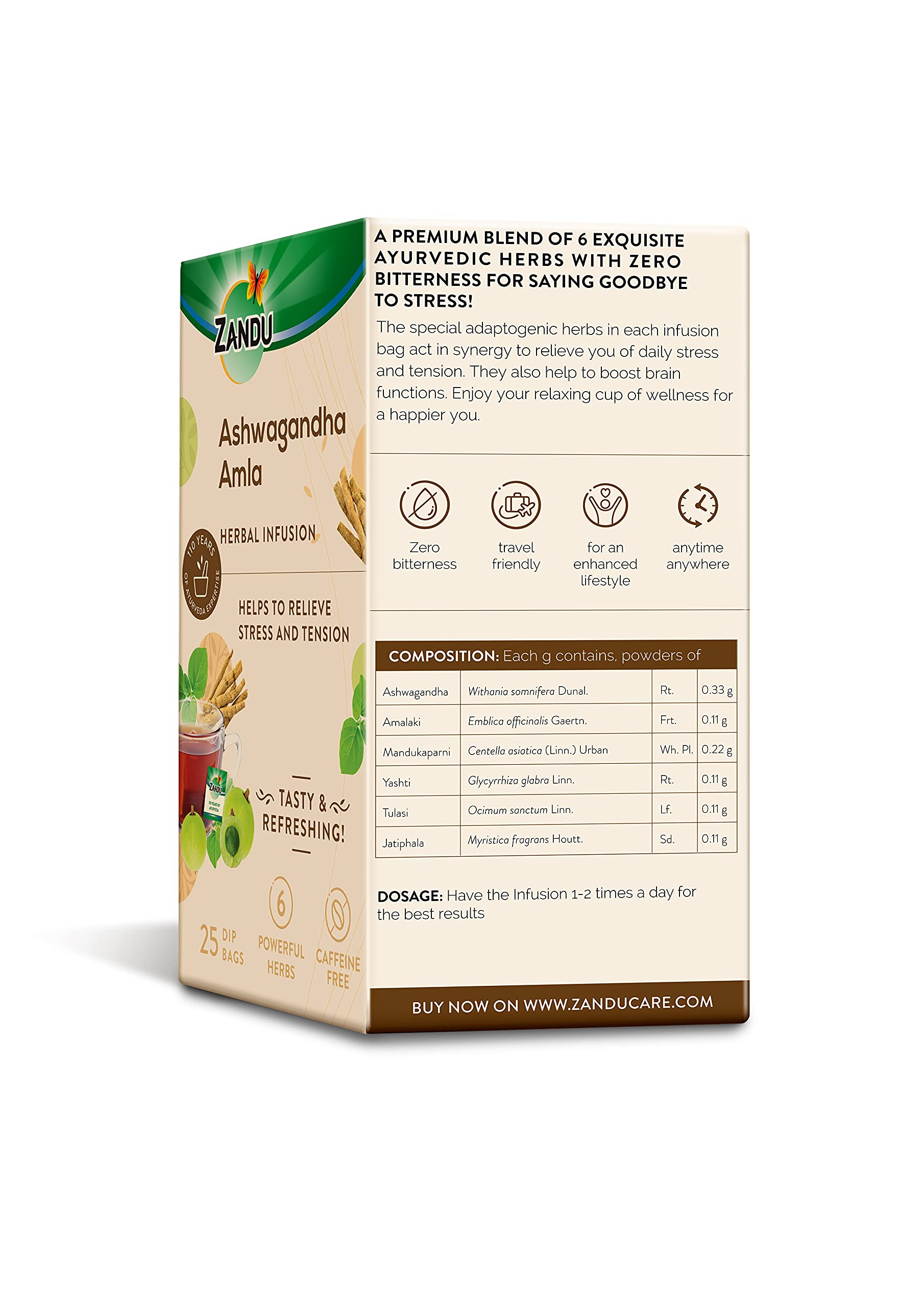 Zandu Ashwagandha Amla Ayurvedic Infusion, A Herbal Tea Enriched With 6 Ayurvedic Ingredients (Pack Of 25 Tea Bags X 2) - 0.19 Kg – view 6