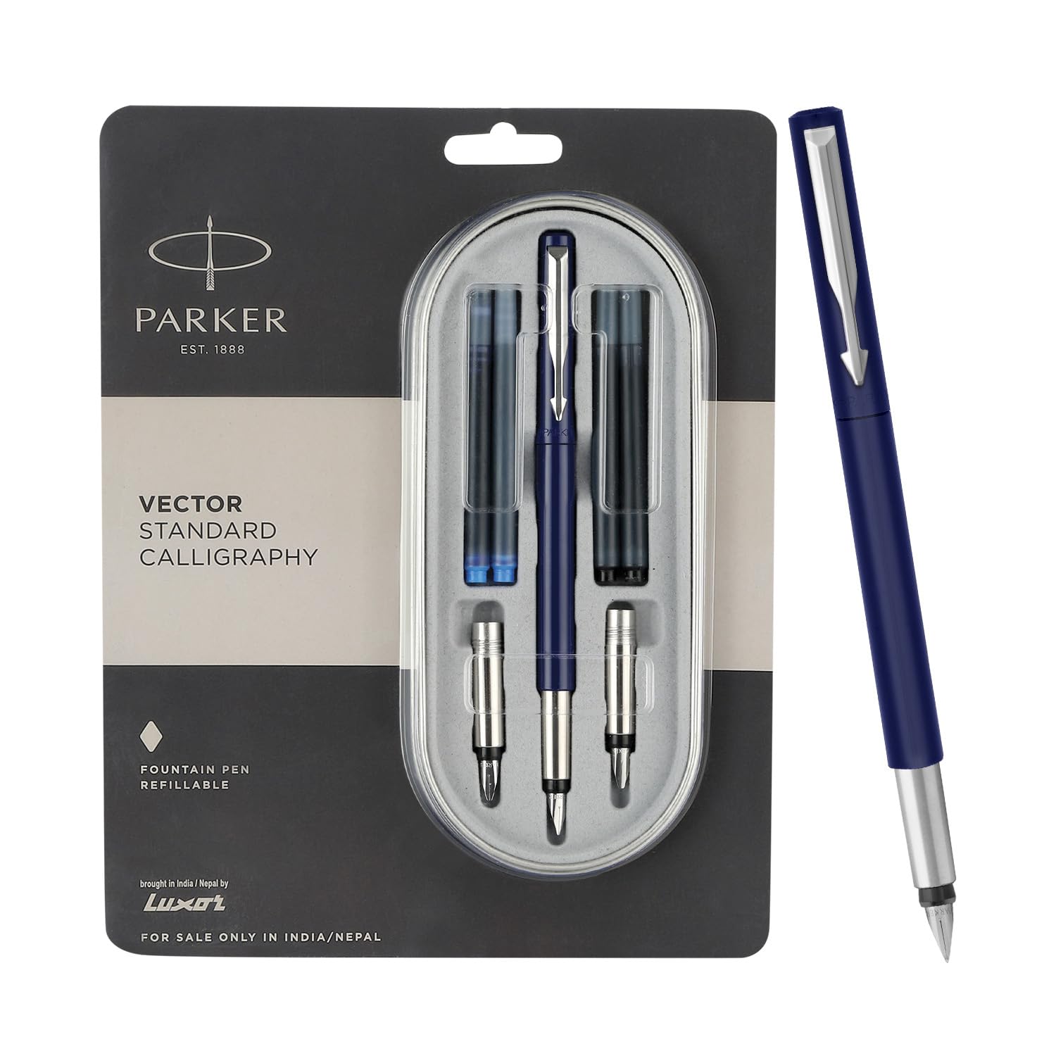 Chrome trim Parker calligraphy pen with interchangeable nibs and ink cartridges