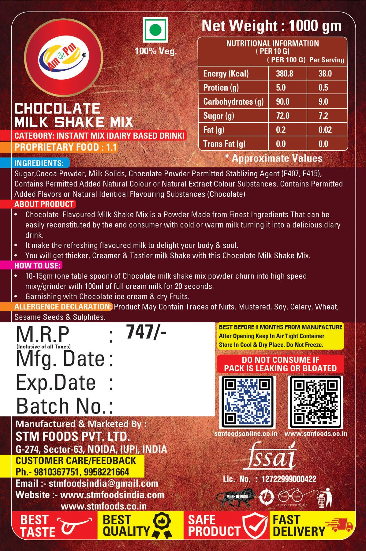 Am 2 Pm - Premium Silky Smoothy Milk Shake Mix, Flavoured Milk shake Premix Powder, Instant Premix Drink Milkshake Powder (Chocolate) – view 3