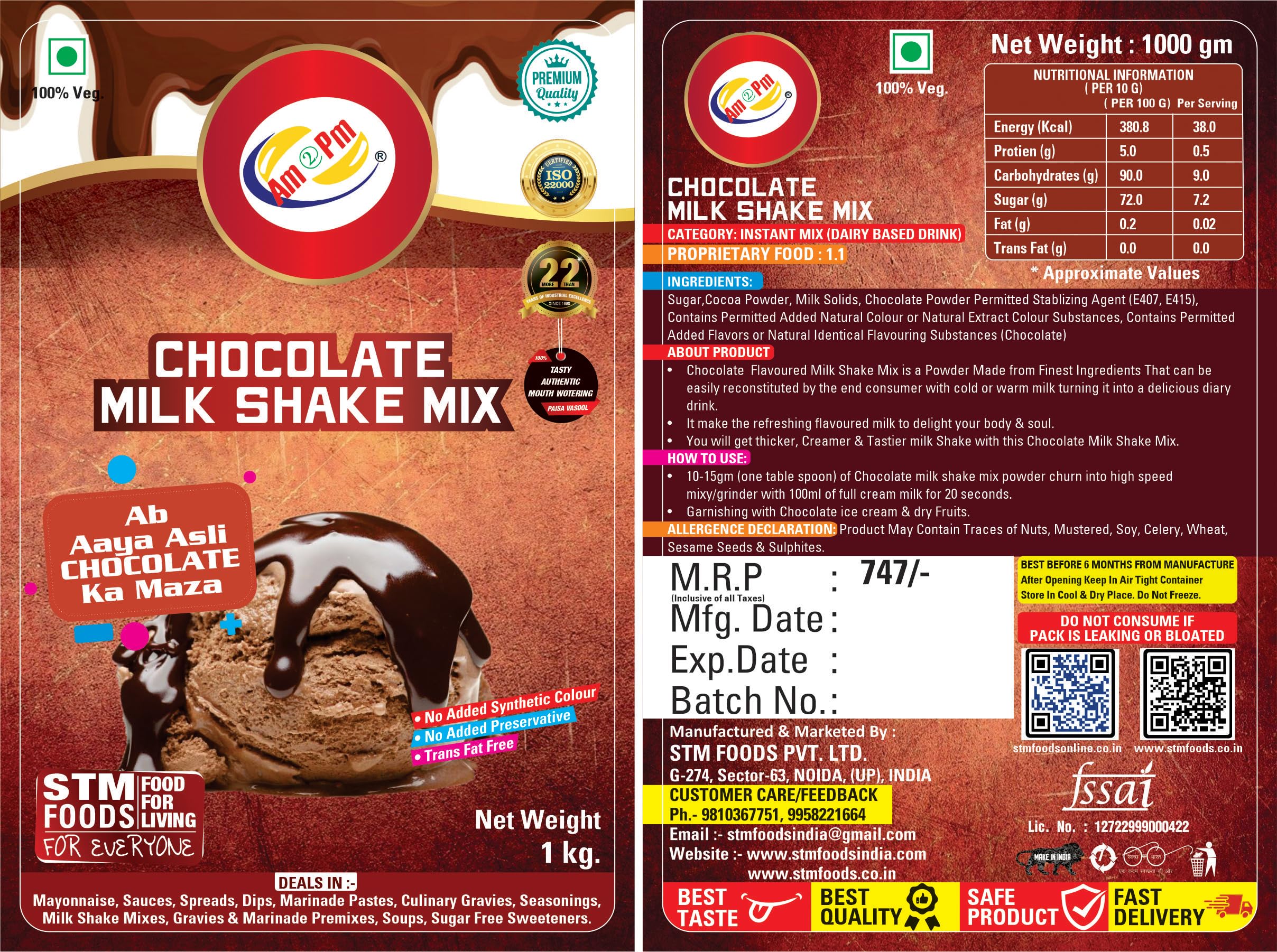 Am 2 Pm - Premium Silky Smoothy Milk Shake Mix, Flavoured Milk shake Premix Powder, Instant Premix Drink Milkshake Powder (Chocolate) – view 6