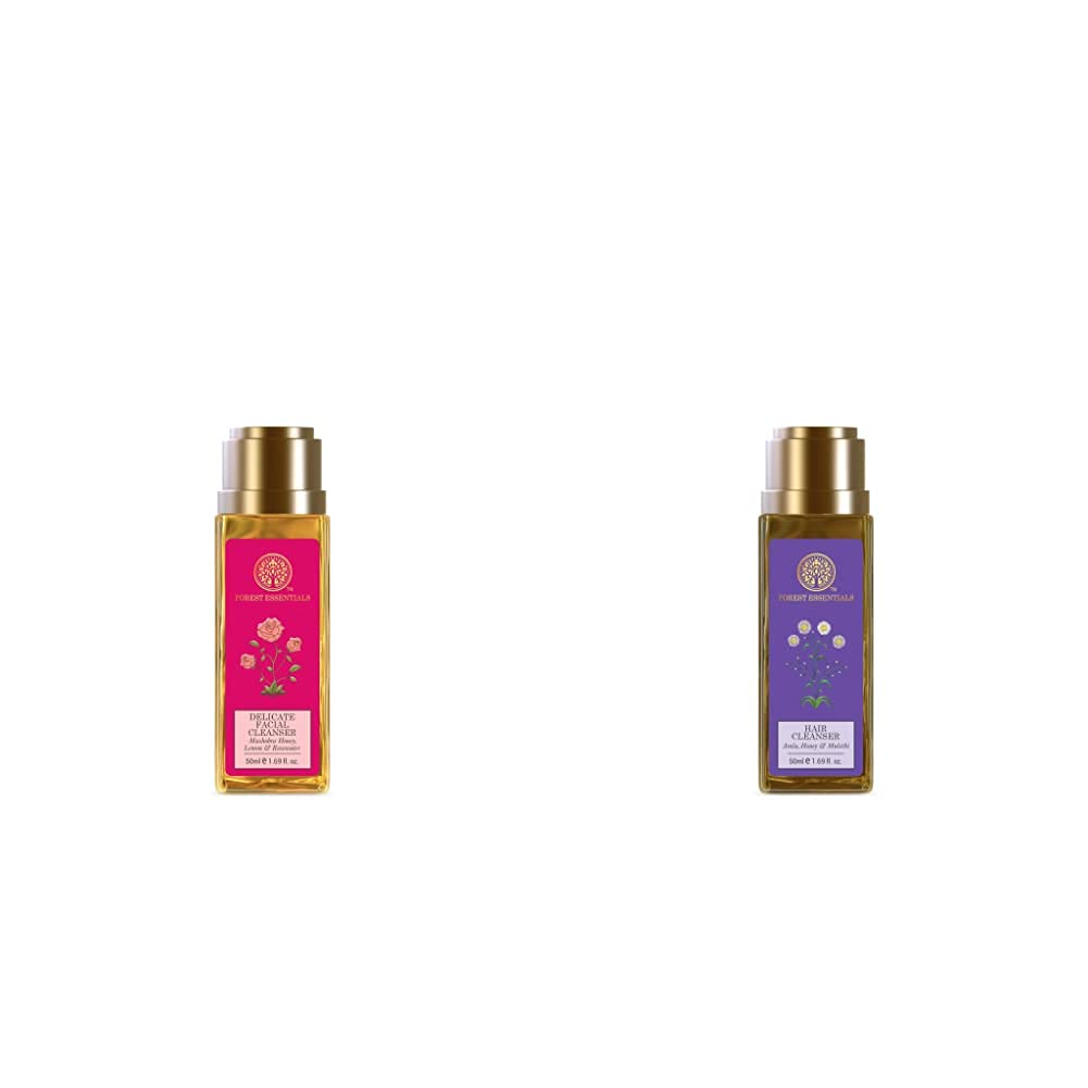 Forest Essentials Travel Size Facial Cleanser Rosewater, Honey Lemon, 50ml & Forest Essentials Hair Cleanser Amla, Honey and Mulethi, 50ml