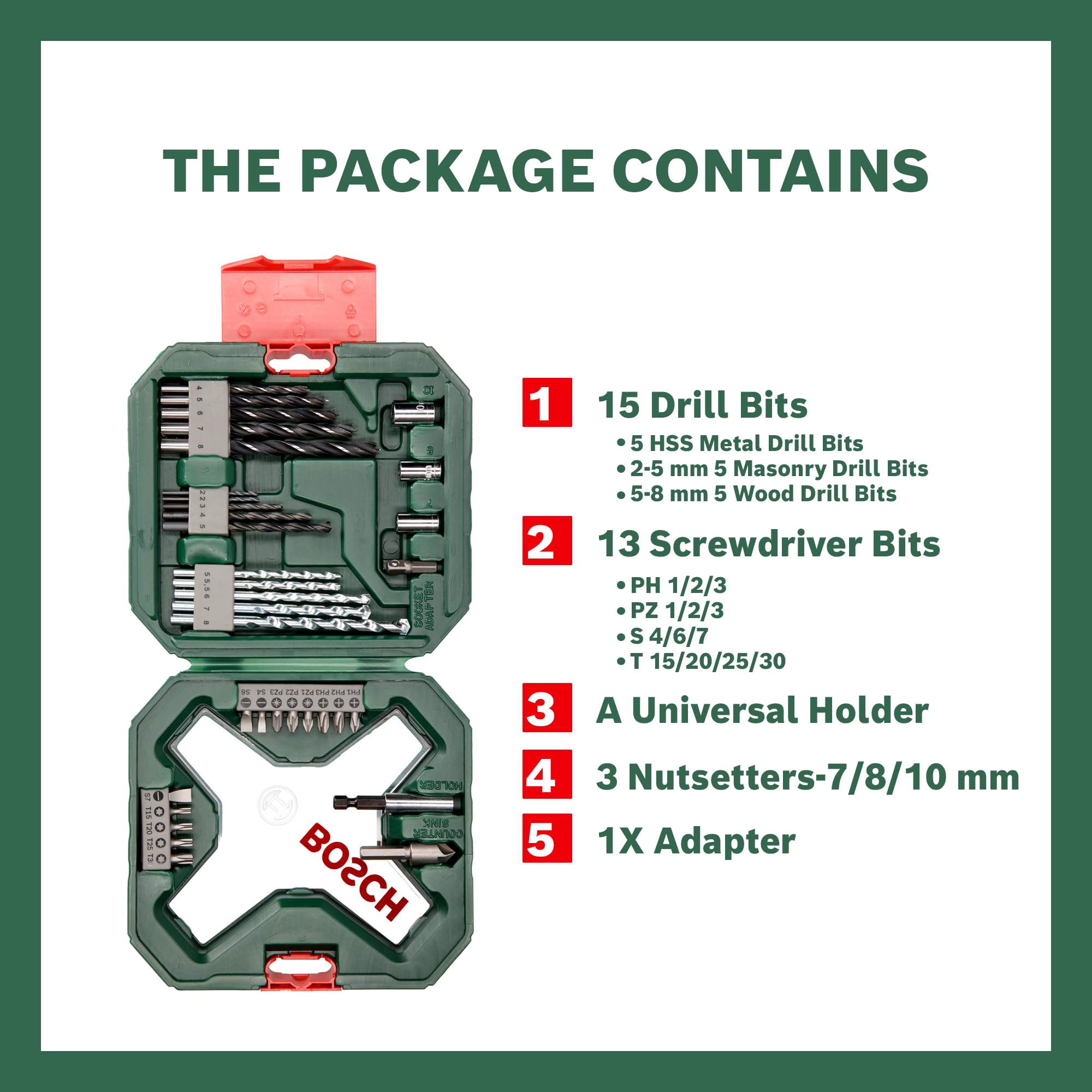 Bosch Drill Bit And Screwdriving Bits Set, 34 Pieces, X-Line Green, Containing Wood Bits, Masonry Bits, Metal Drill Bits And Screwdriver Bits – view 2
