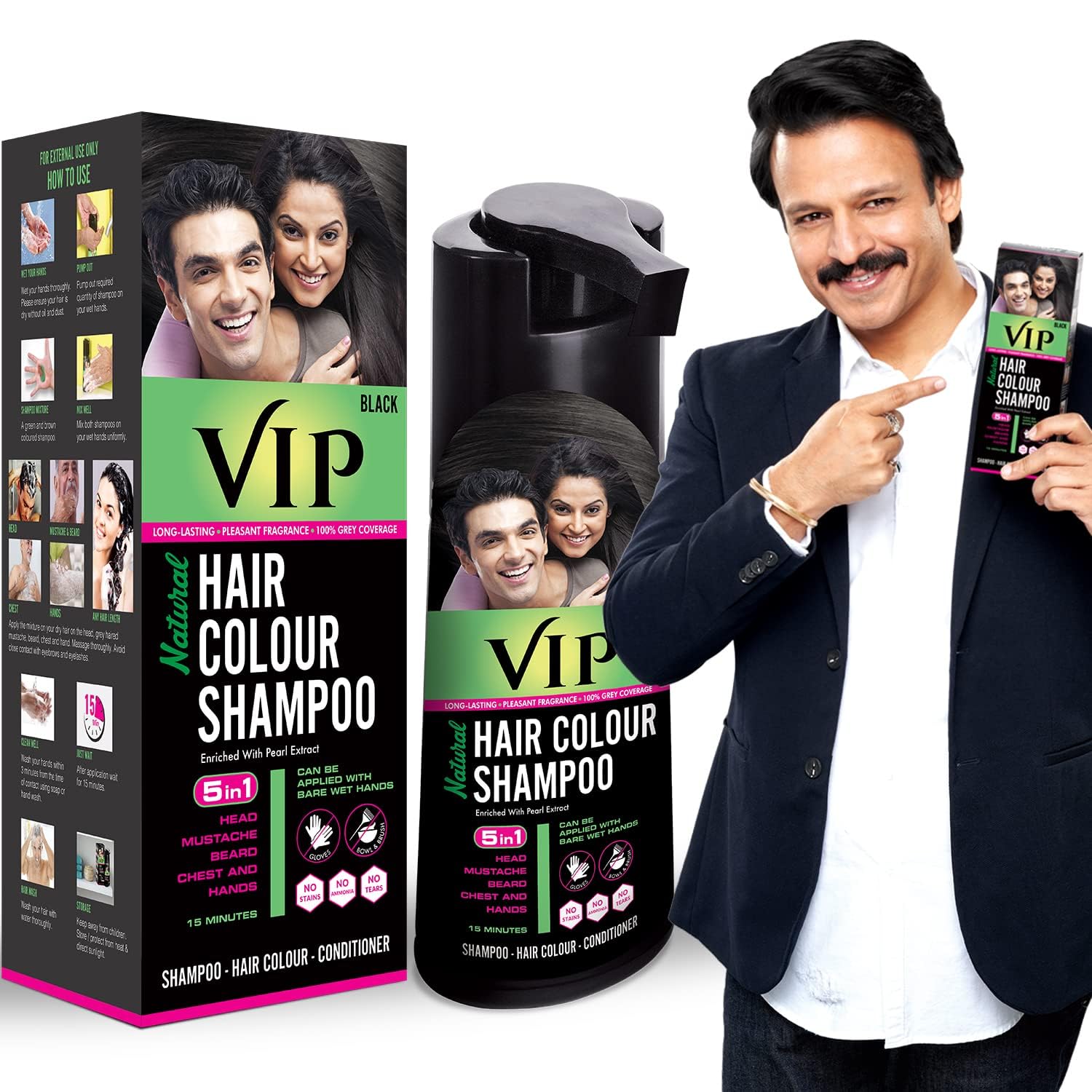 VIP black hair color shampoo 180ml bottle front pack shot
