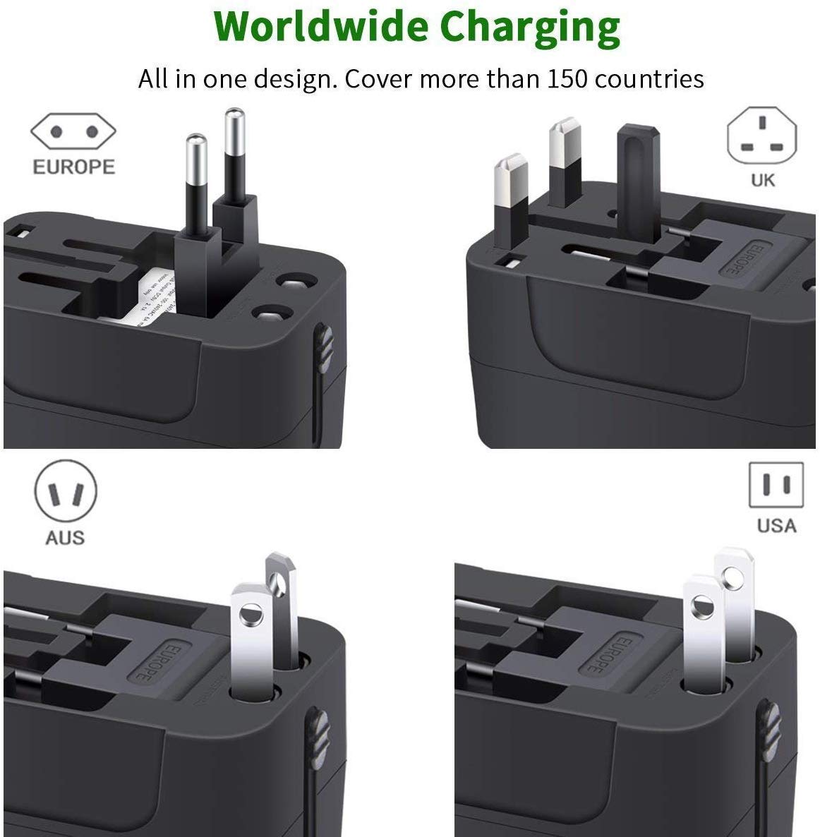 rts Universal Travel Adapter, International All in One Worldwide Travel Adapter and Wall Charger with USB Ports with Multi Type Power Outlet USB 2.1A,100-250 Voltage Travel Charger (Black) – view 5