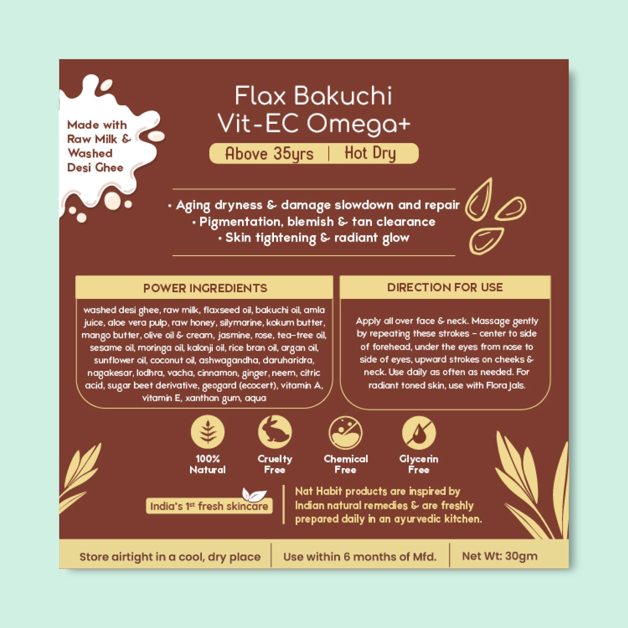 Nat Habit All Day Face Cream, Fresh Whipped Flax Bakuchi Face Malai With Vitamins E, C & Omega+ For Hot Dry Weather Face Moisturization & Sun Protection (Ages 35+, 30g) – view 7