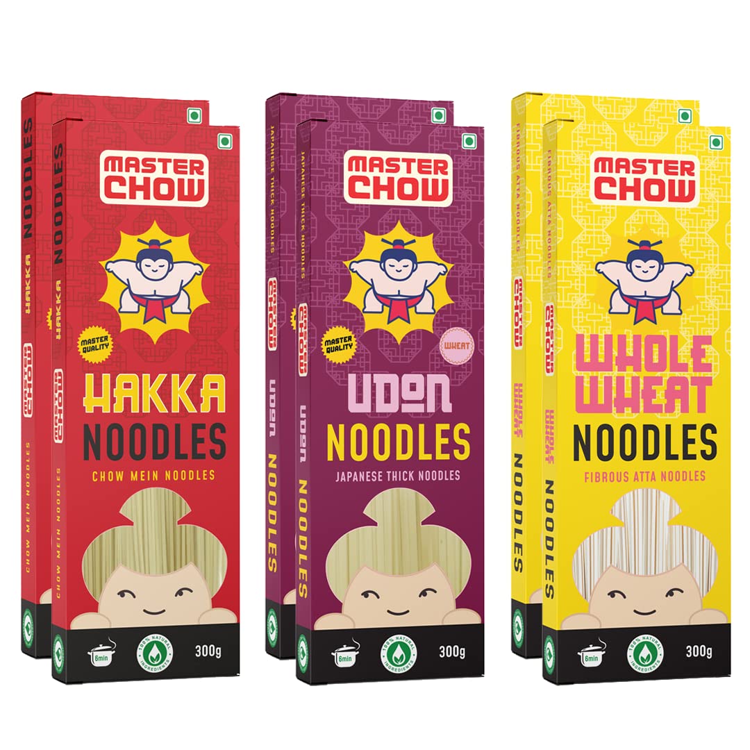 MasterChow noodle combo pack showing whole wheat Hakka and udon
