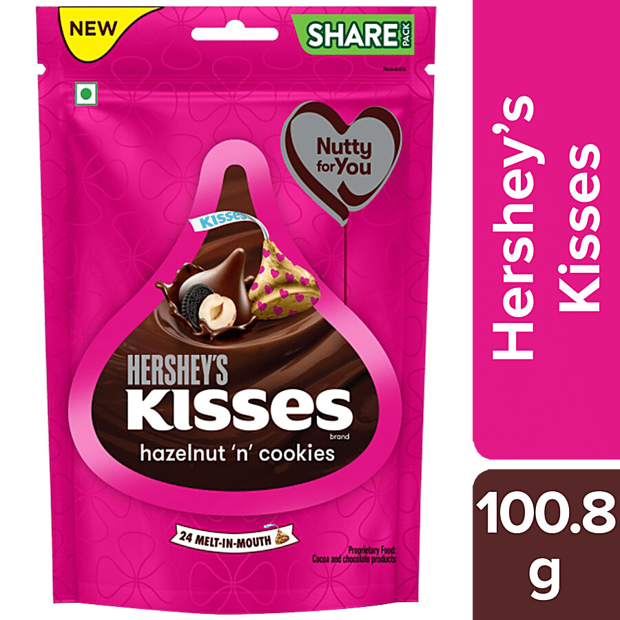 Individually wrapped hazelnut chocolate kisses with cookie bits in pouch