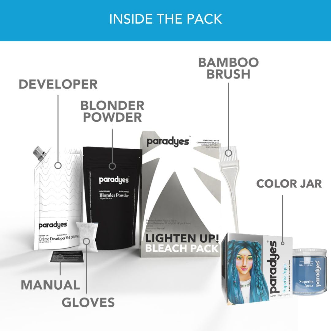 Paradyes Semi-permanent Superba Aqua DIY Conditioner Based Hair Colour 120 gm and Lighten Up! Bleach Pack 30 Vol. for all Hair Types – view 3