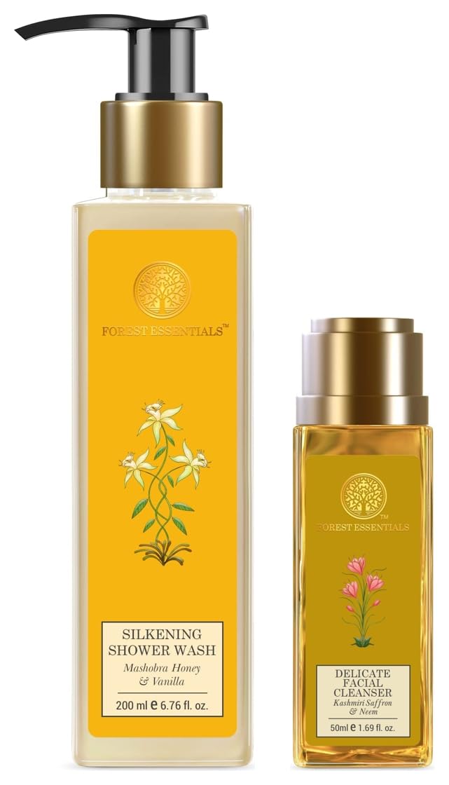 Forest Essentials honey vanilla shower wash with travel facial cleanser