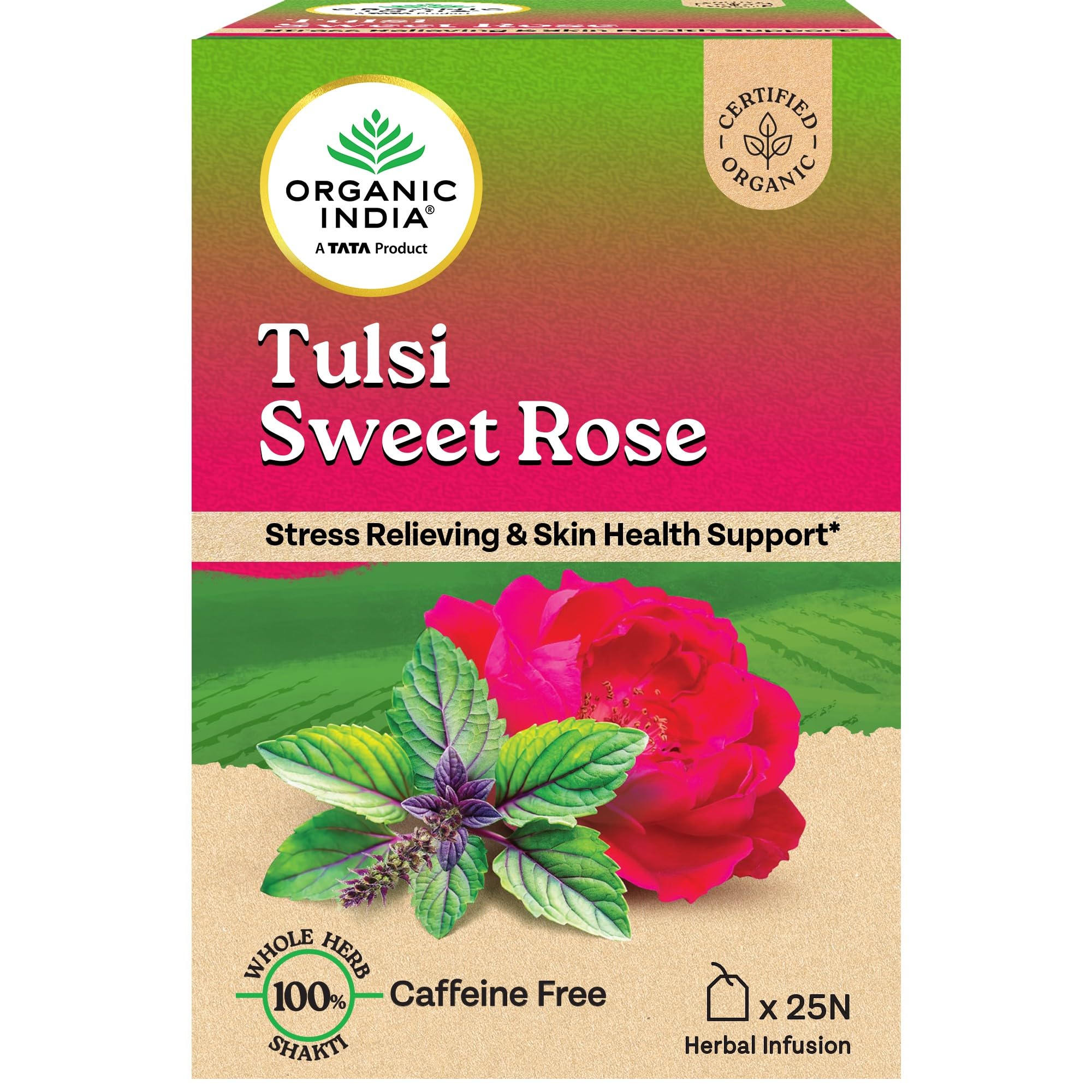 Front view of Organic India Tulsi Sweet Rose tea pack